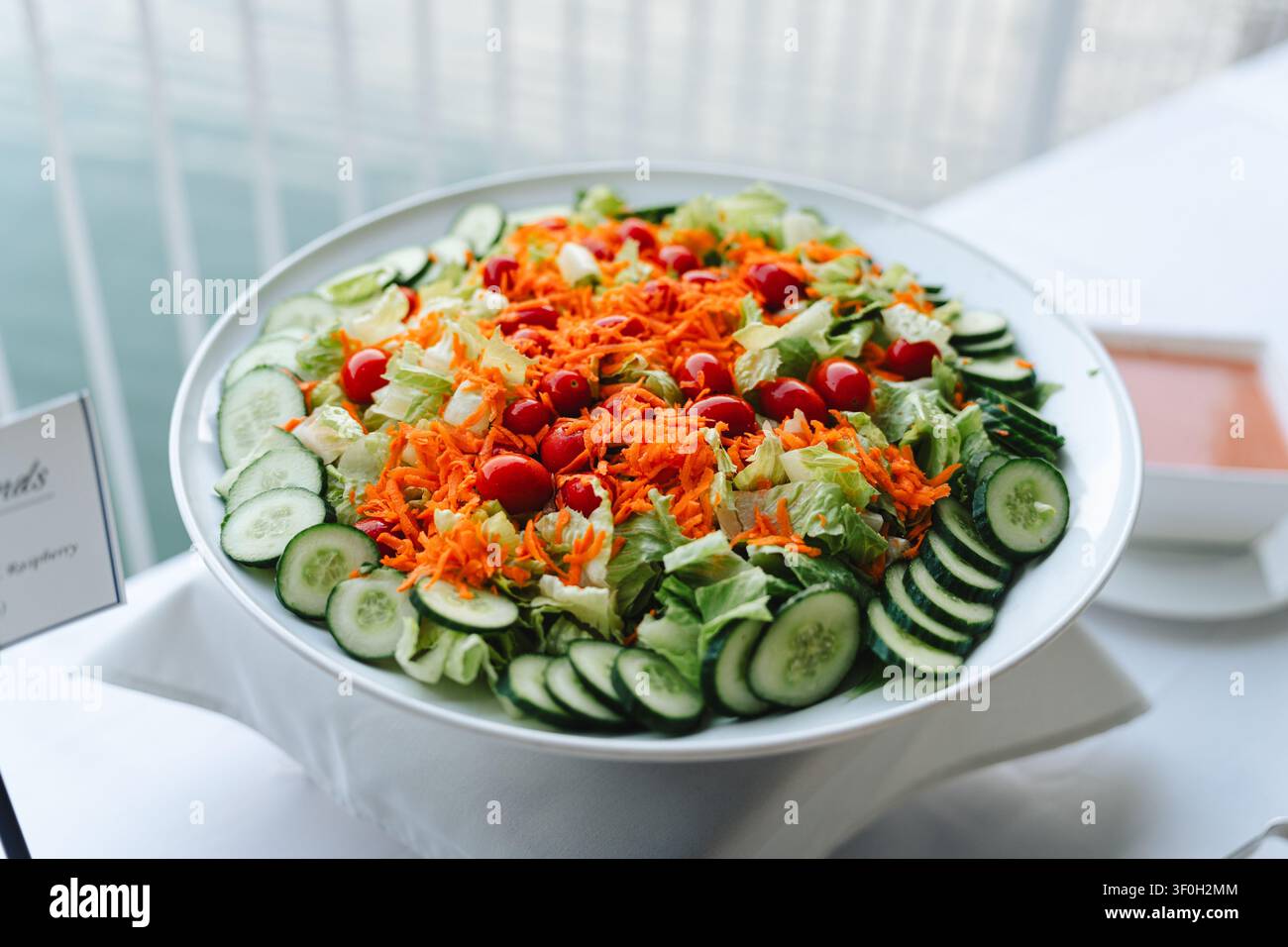Frisches Gartensalat-Platte mit Gurken, Karotten und Kirschtomaten Stockfoto