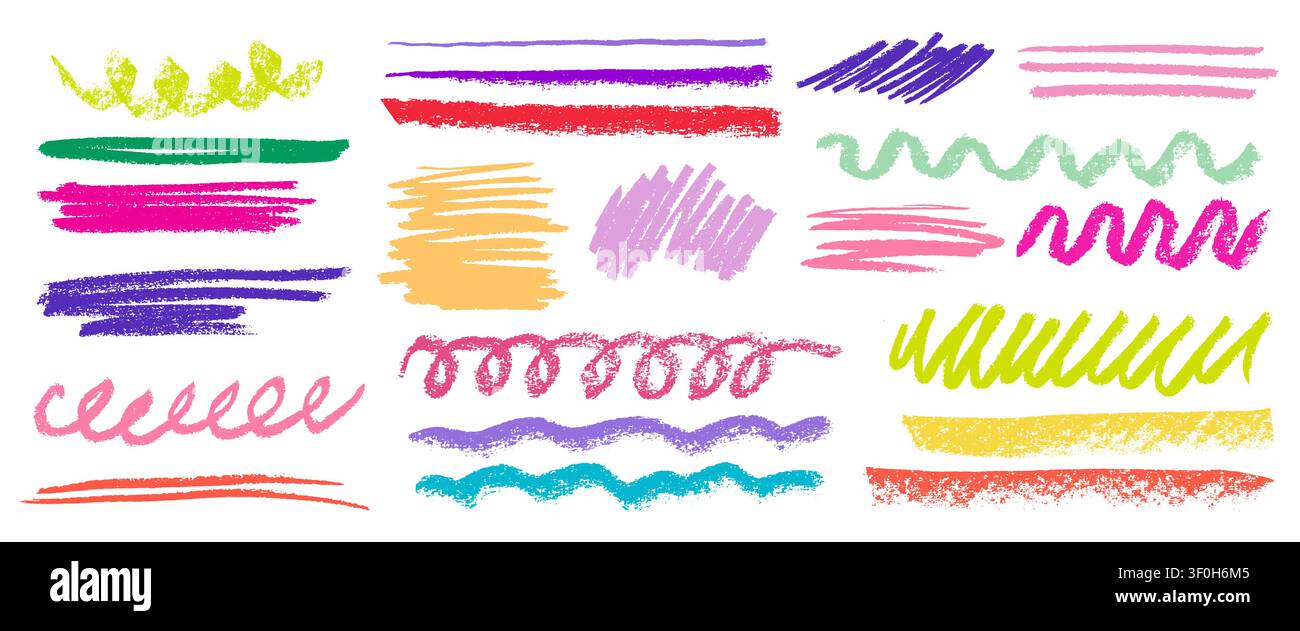 Handgezeichnete Buntstifte, Bleistiftkritzeleien, bunte Highlights, durchgestrichen mit verspielten Strichen, realistische Vektortextur auf weißem Hintergrund. Hervorhebungen unterstreichen Markierungen, farbige Kreidewellen und Zickzack Stock Vektor