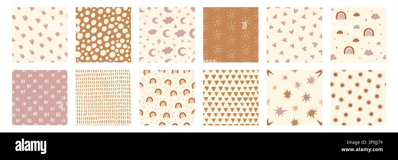Boho-Baby-Nahtlosmuster-Set mit abstrakten Pinselstrichen, Punkten, Regenbögen, Herzen, Sternen, Sonnen, Monden und Wolken in zartem Rosa und Beige. Niedliche Kinderzimmerdesigns für Stoff, Tapete und Textilien. Stock Vektor