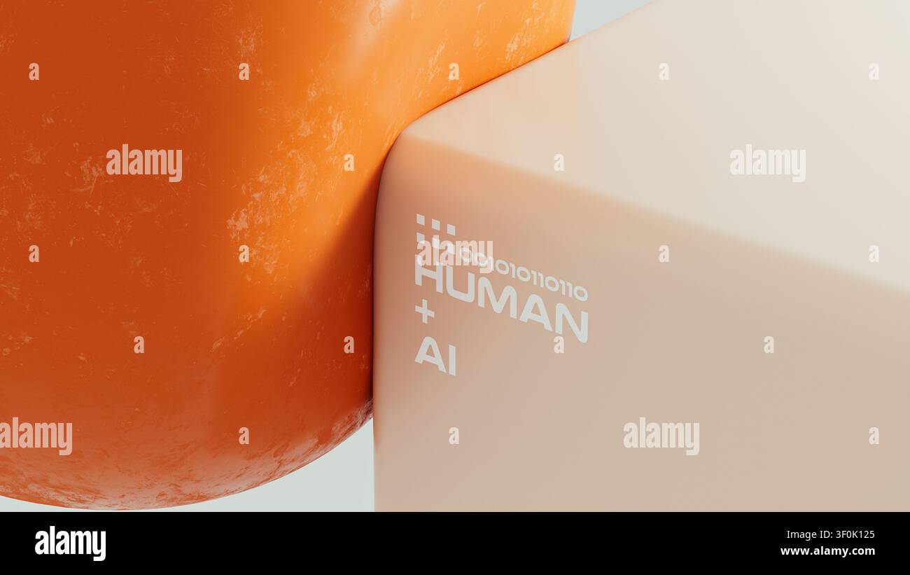 Eine Visualisierung zeigt, wie menschliche und KI-Konzepte durch ein digitales Design verschmelzen. Datenelemente und Technologiesymbole heben ihre Interaktion hervor. Stockfoto
