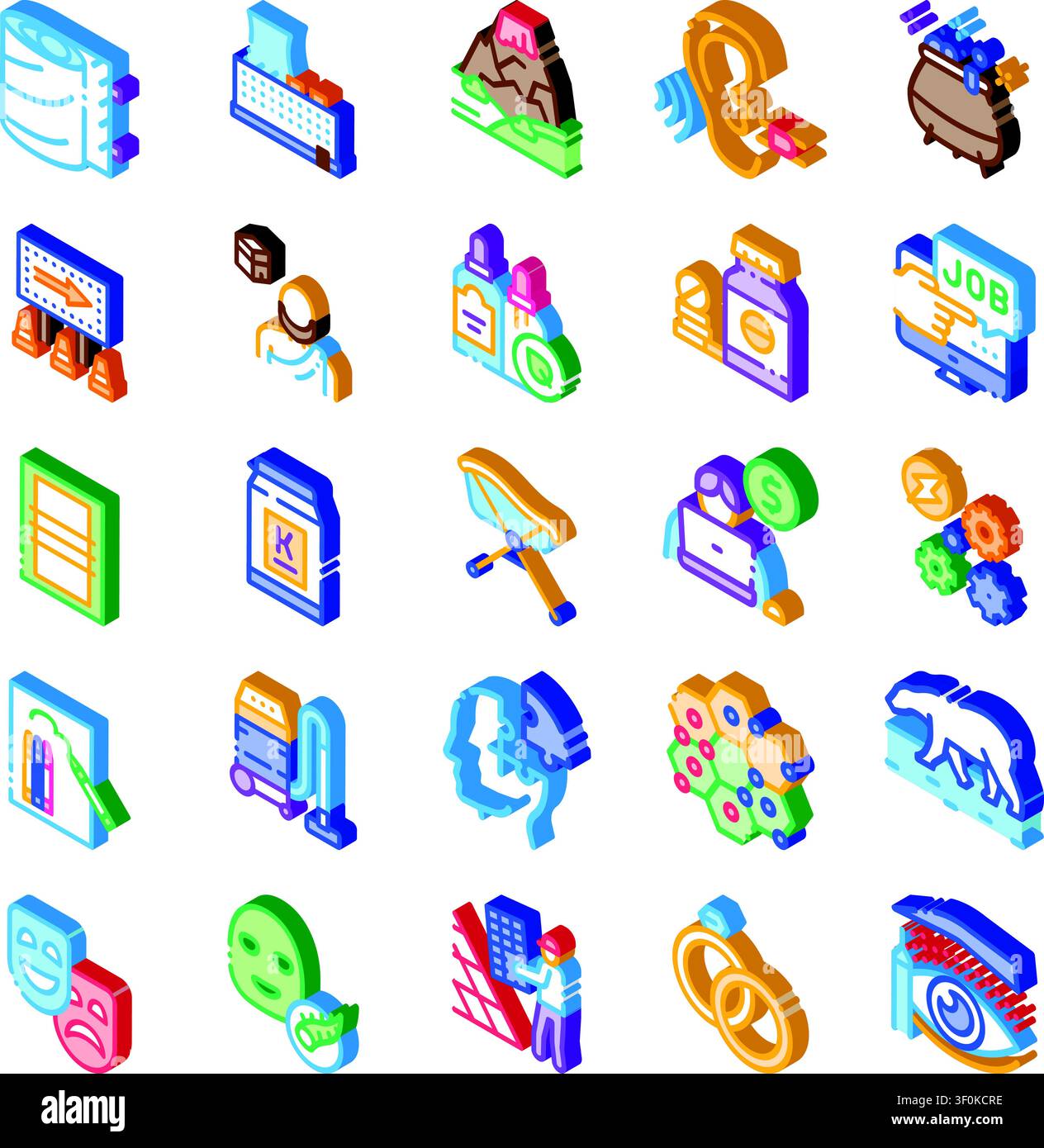 Vielfältige Sammlung isometrischer Symbole, die Themen wie Wirtschaft, Finanzen, Freizeit, Gesundheit, Reisen, Technologie, Bildung und Kunst für Web A Stock Vektor