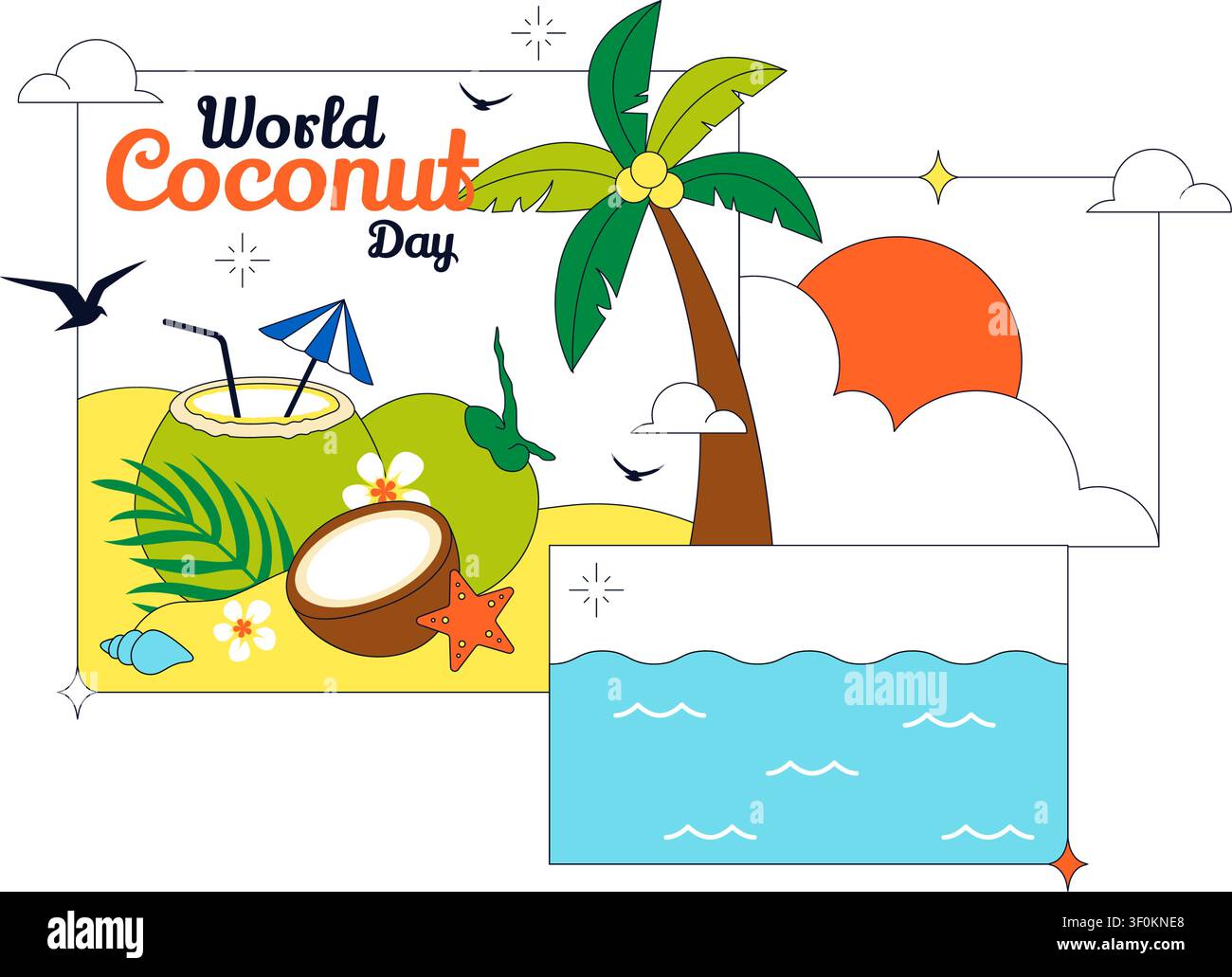 Welt-Coconut-Day-Vektor-Illustration mit frischen tropischen Kokosnüssen, Palmen, Strandlandschaft, Sommerurlaub und exotischer Inselnatur Stock Vektor