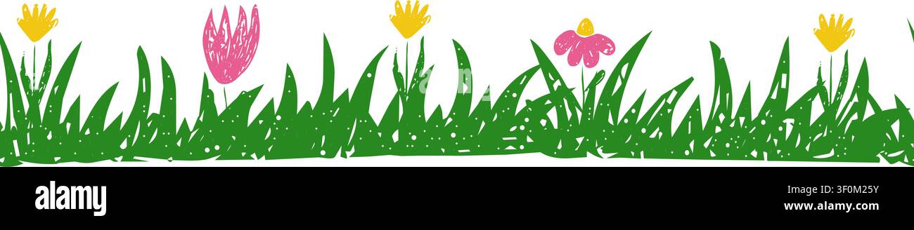 Kindliche Kinder zeichnen Blumenränder mit Gras, Blumenkreide oder Kreide. Frühlingssommerpflanzen, nahtloses Wiesenschmuck. Vektorabbildung Stock Vektor