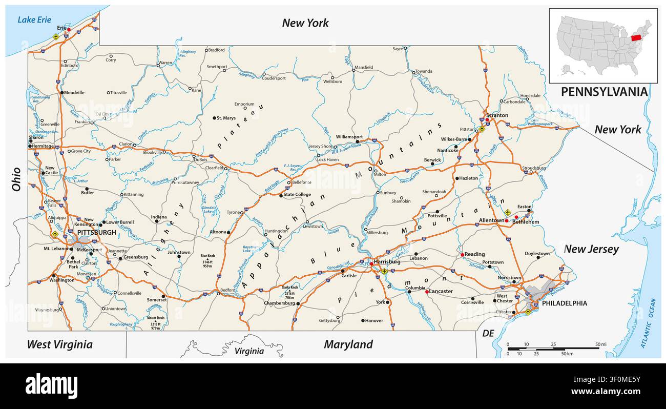 Karte des US-Bundesstaates Pennsylvania Stockfoto