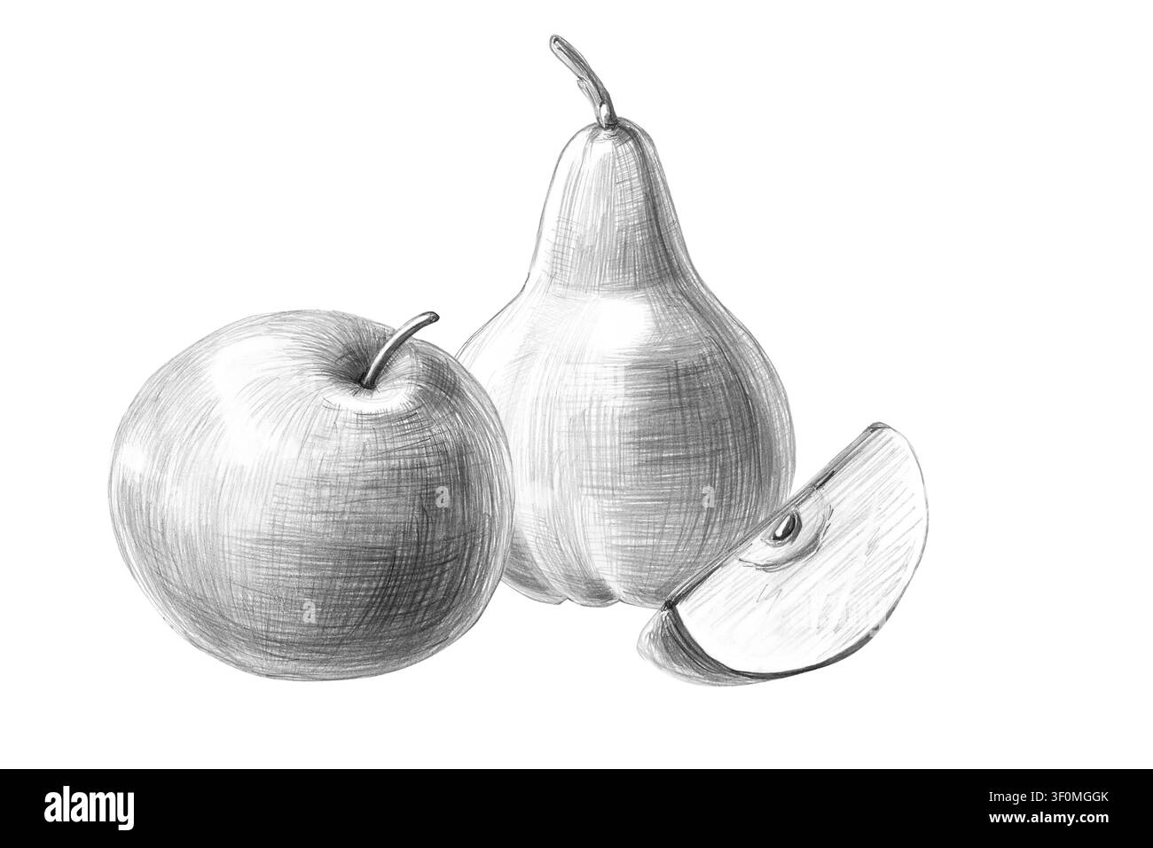 Komposition aus Apfel und Birne. Isolierte detaillierte Bleistiftillustration für Restaurants, Cafés, Küchenblogs, Lebensmittelmarken, Bauernhöfe und Lebensmittelgeschäfte. Stockfoto