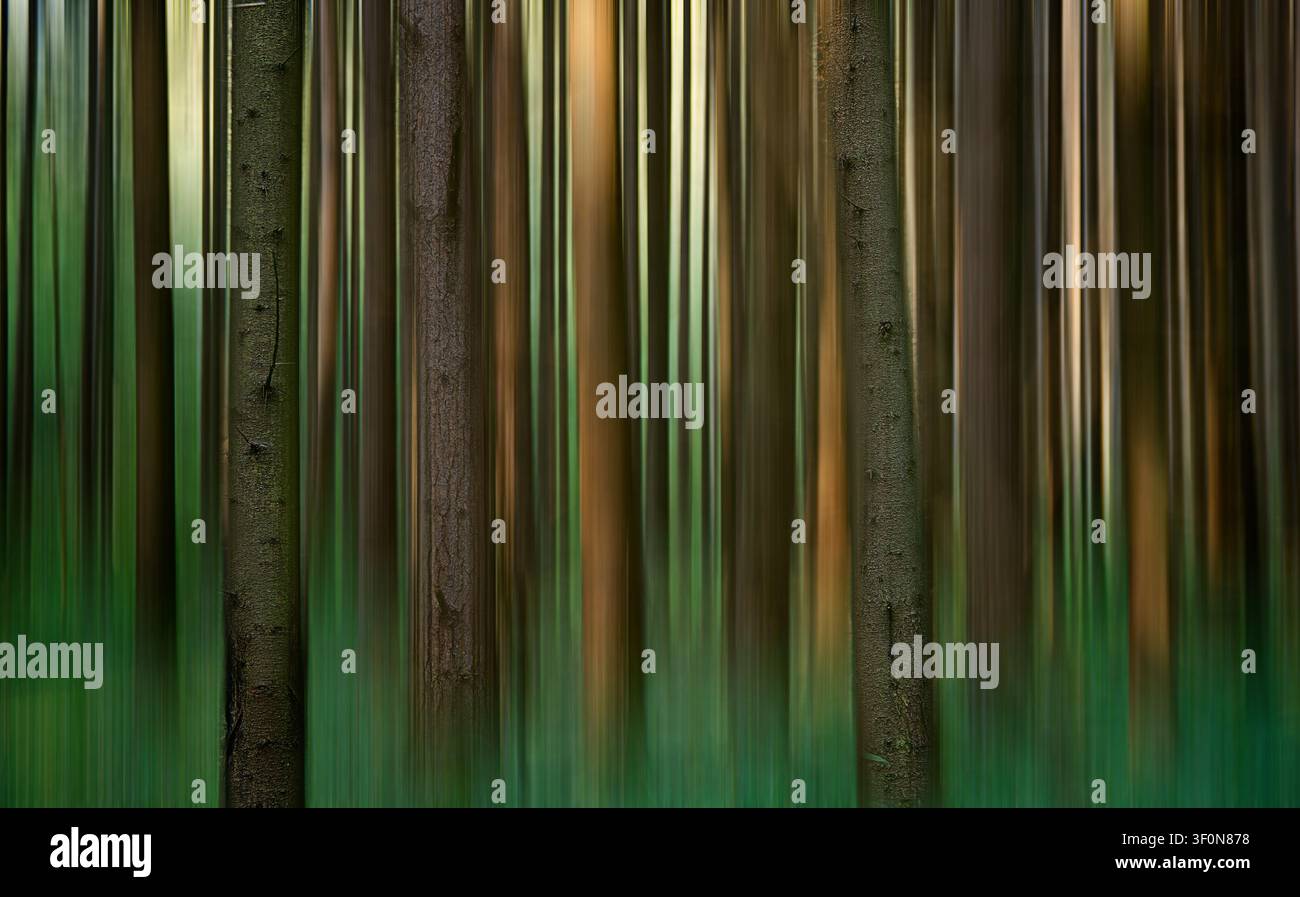 Eine Technik mit absichtlicher Kamerabewegung (ICM) verwandelt einen dichten Nadelwald in eine malerische vertikale Abstraktion. Stockfoto