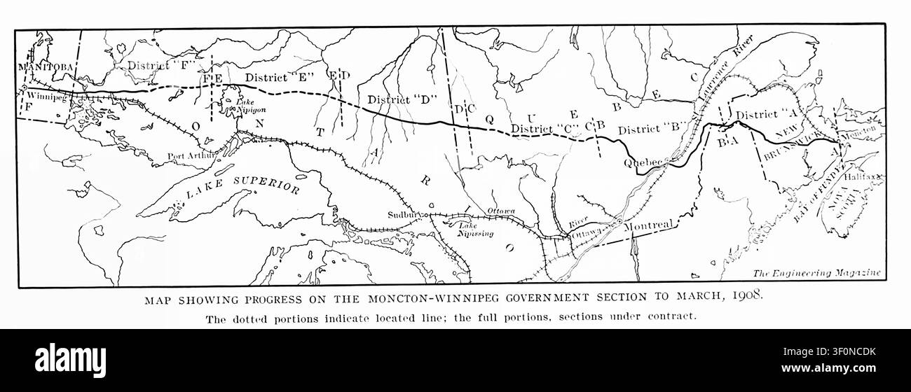 Historische Karte, die den Fortschritt der Moncton-Winnipeg-Regierungsabschnitts-Eisenbahn im März 1908 veranschaulicht und identifizierte Linien und Abschnitte unter Konstruktion in Ost- und Zentralkanada zeigt. Aus dem Artikel DIE ERBAUUNG DER NEUEN KANADISCHEN TRANSKONTINENTALEN EISENBAHN. Von George C. McFarlane. Aus The Engineering Magazine Devoted to Industrial Progress Band XXXVI Oktober 1908 - März 1909 The Engineering Magazine Co. Stockfoto