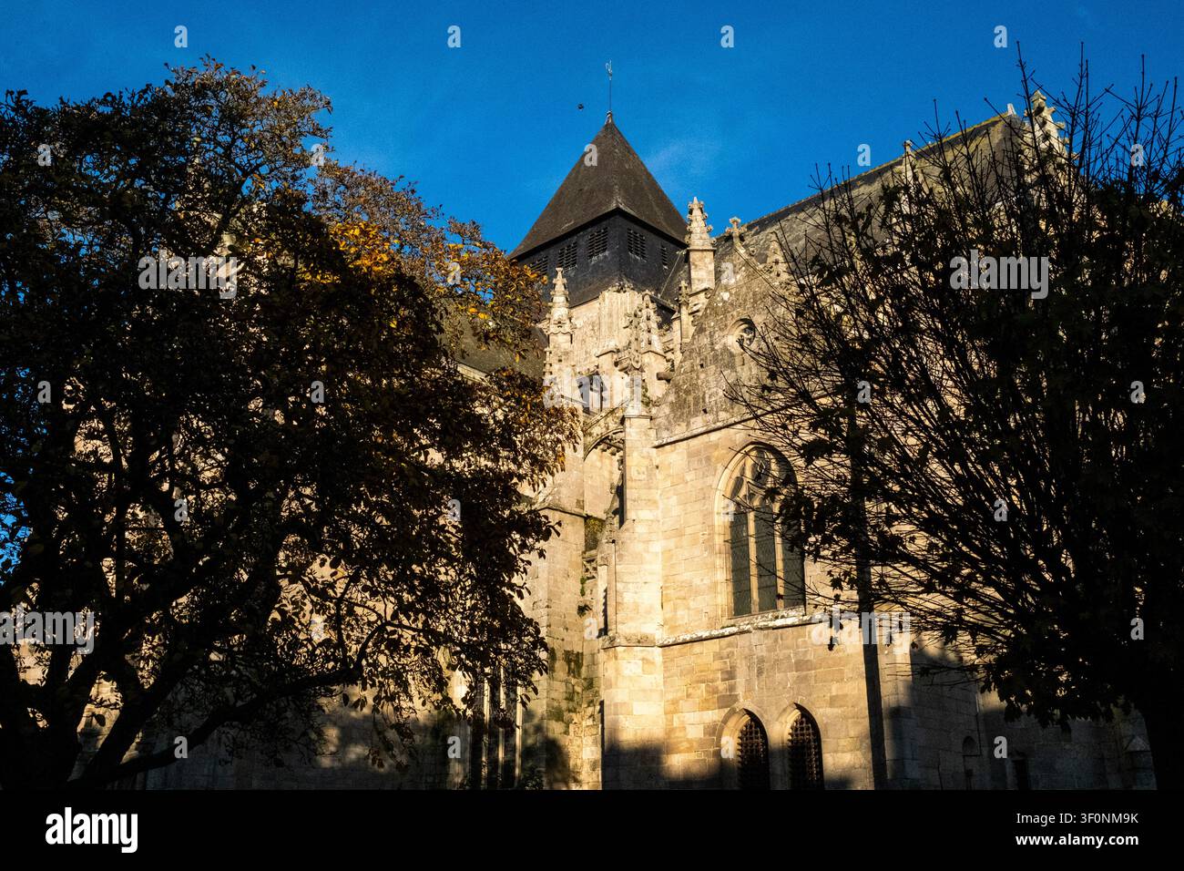 Außenansicht der Eglise Saint-Malo und ihres steinernen Turms, eingerahmt von Bäumen in Dinan, Bretagne, Frankreich, am 22. August 2022. Dieses Bild dokumentiert katholisches Erbe Stockfoto