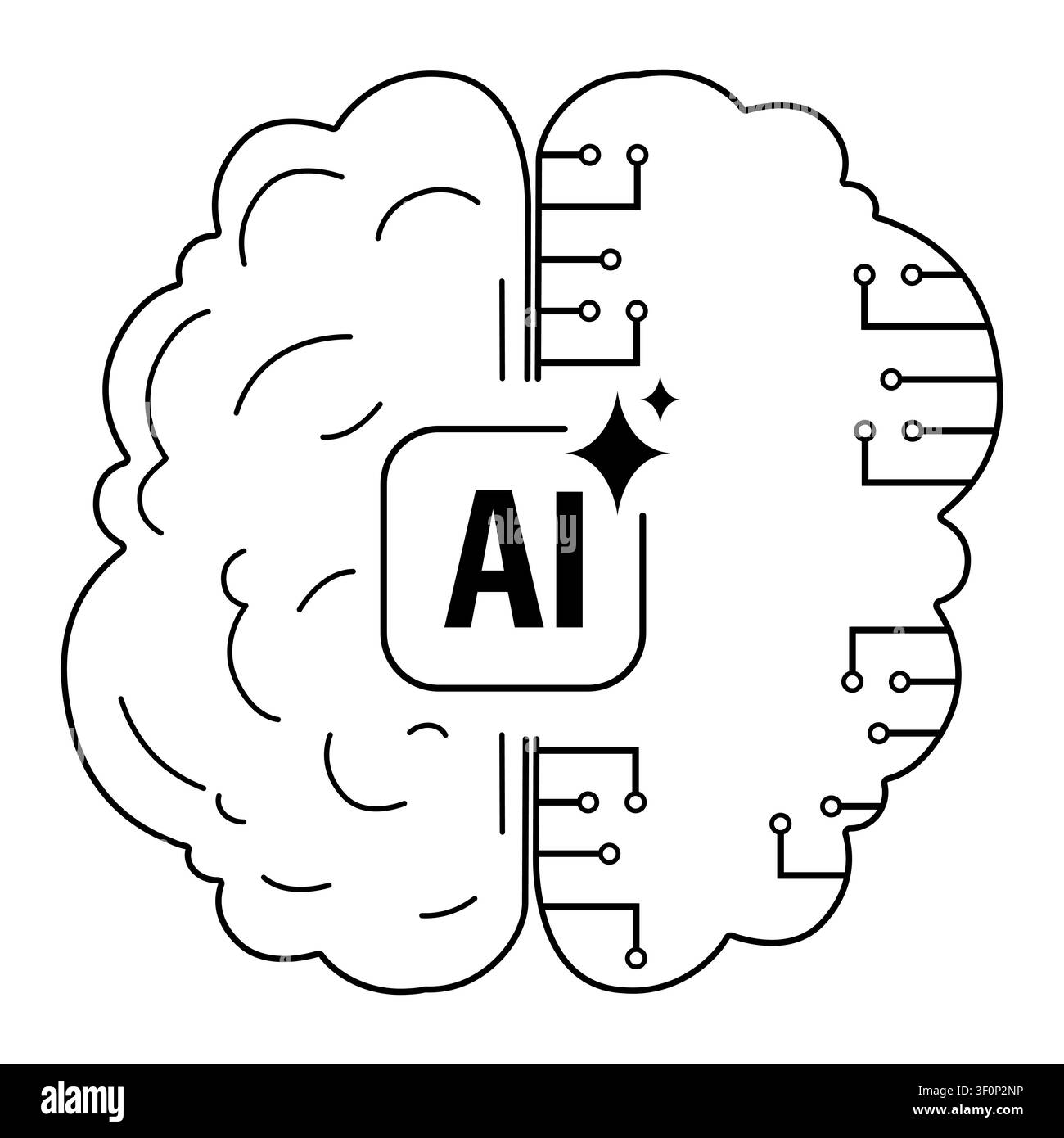 Umrissillustration eines menschlichen Gehirns, das künstliche Intelligenz mit Leiterplattenelementen für Technologie und digitales Design darstellt Stock Vektor