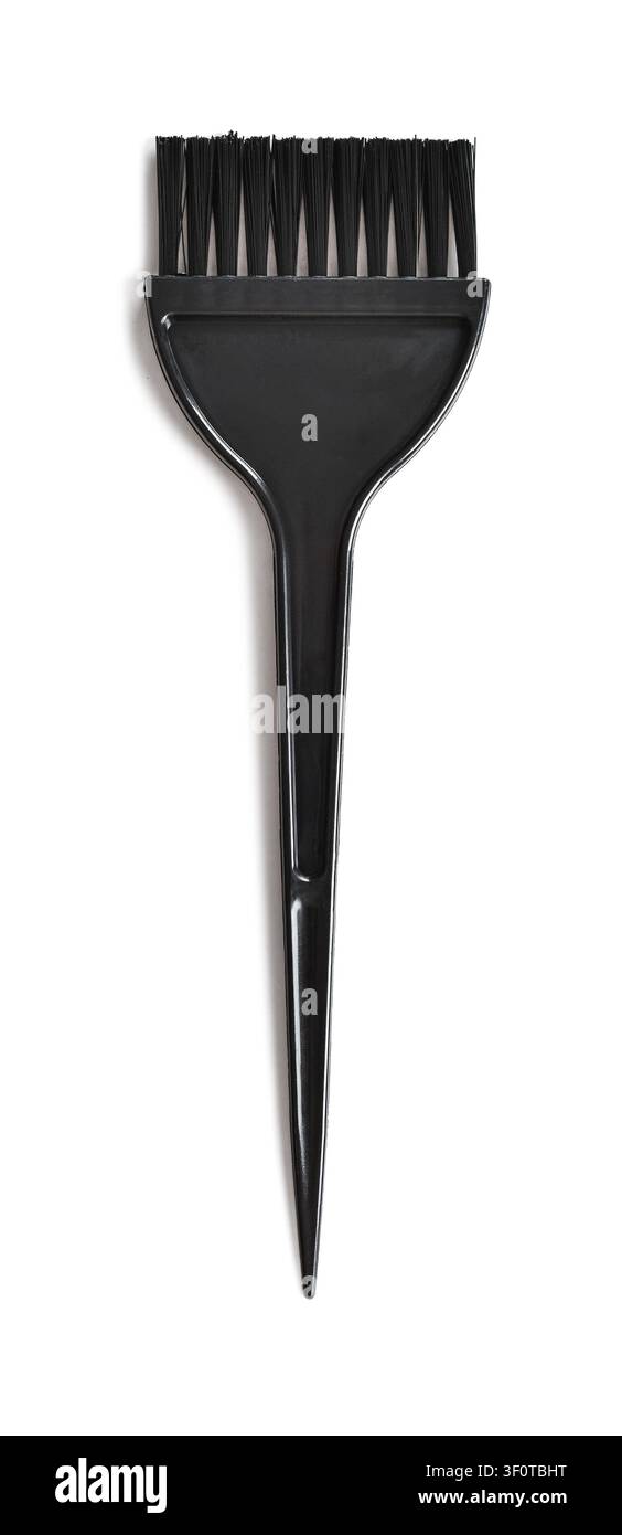 Schwarze Haarfärbepinsel isoliert auf weißem Hintergrund. Professioneller Salon-Applikatorpinsel für die Haarfarbe. Stockfoto
