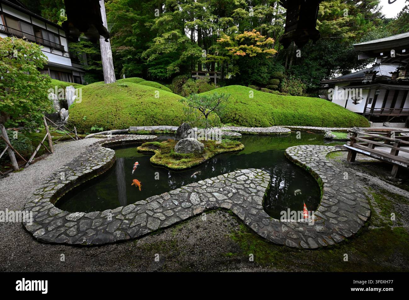 Stege schlängeln sich über den Teichgarten, der von Mirei Shigemori im Fukuchi-in-Tempel auf dem Berg Koya in Japan gestaltet wurde. Geformte moosbedeckte Hügel, eine Insel Stockfoto