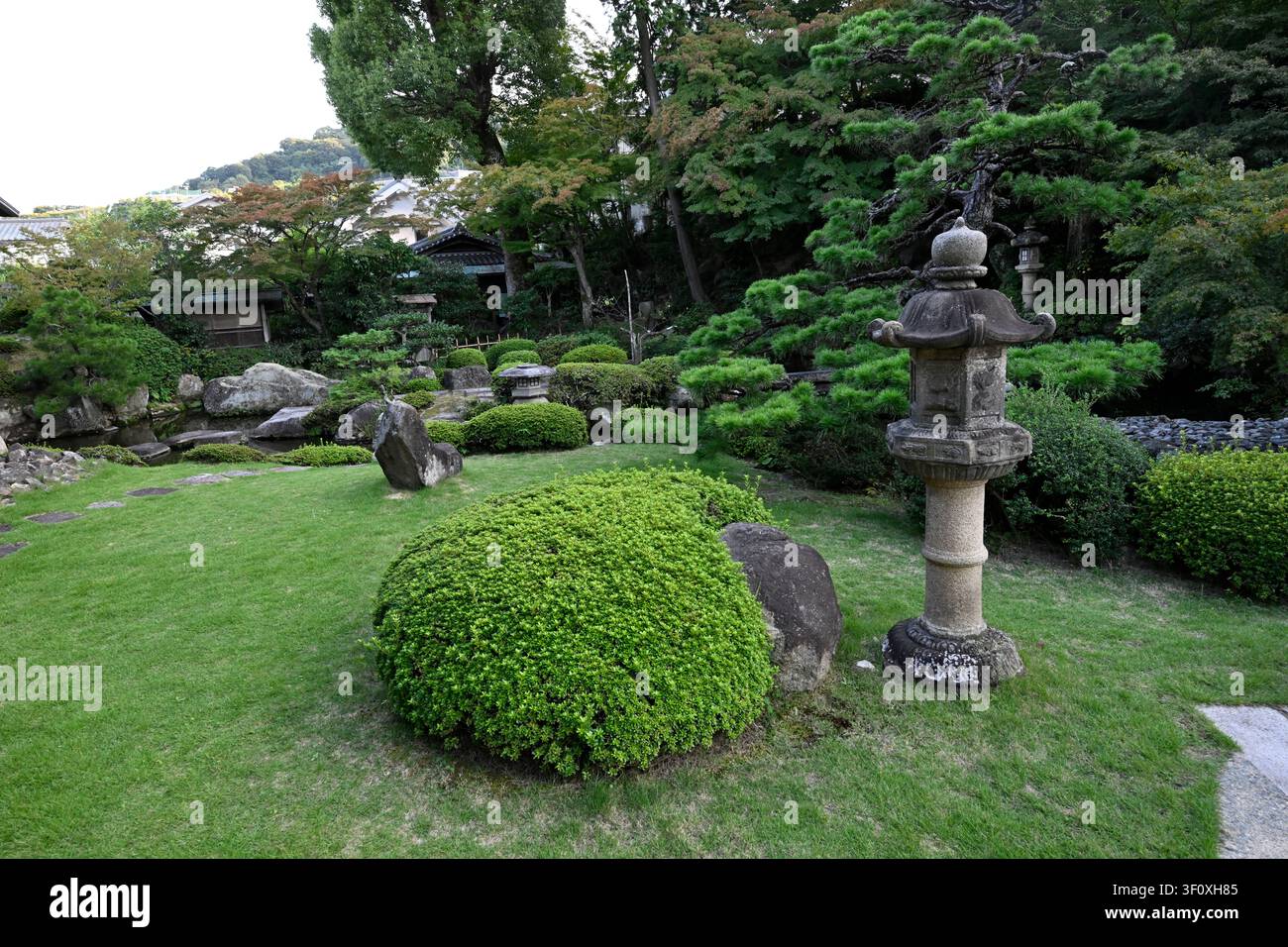 Traditionelle Steinlaterne, umgeben von beschnittenen Kiefern, rundlichen Sträuchern und Ziersteinen im friedlichen Hanbe-Garten, einem historischen japanischen Garten Stockfoto