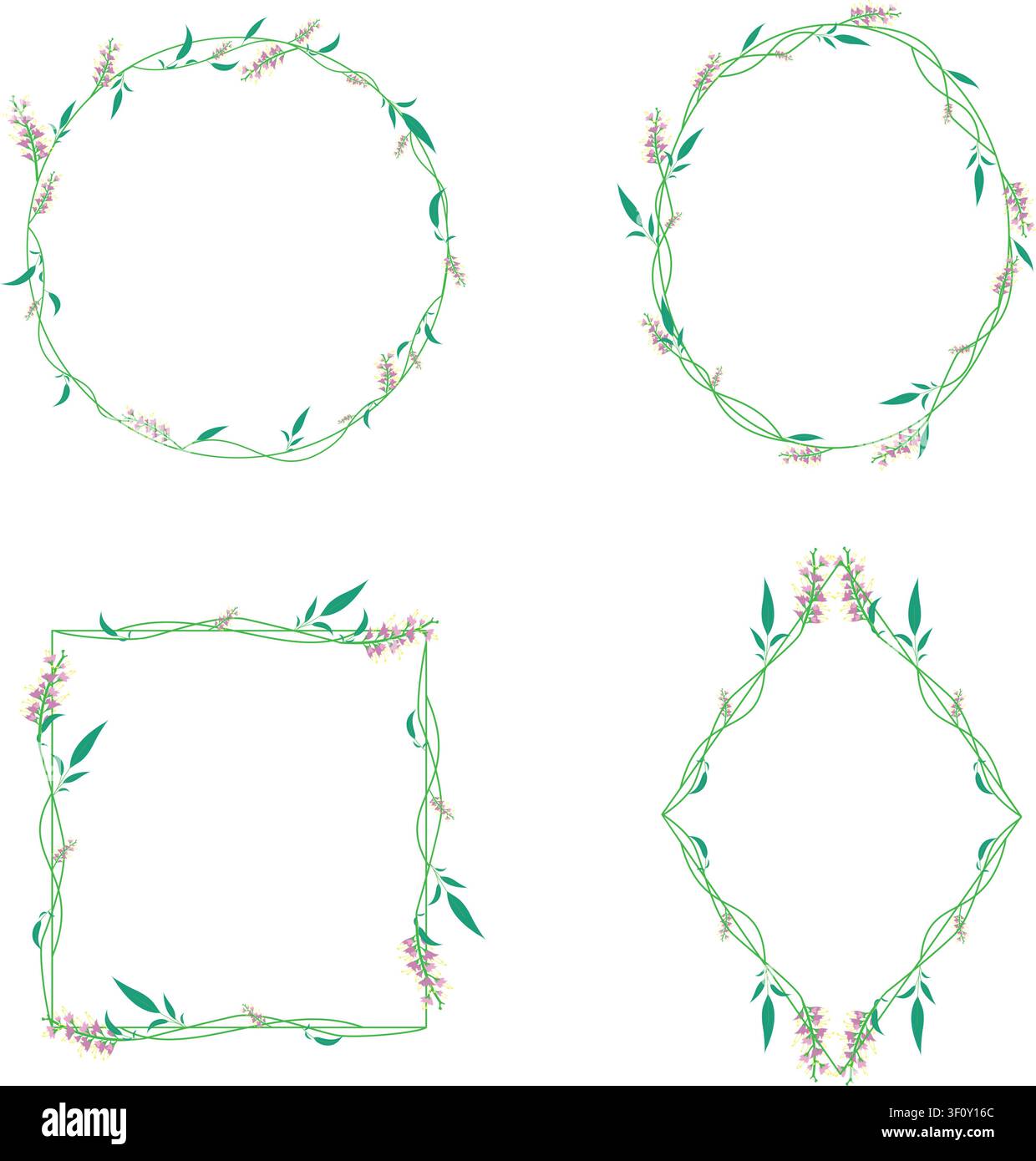 Minimale pastellfarbene Blumenrahmen-Sammlung mit zarten botanischen Bordüren, handgezeichnete wilde Blumenkränze im gemütlichen Stil, elegante Blumenrahmen, dekorative Bo Stock Vektor