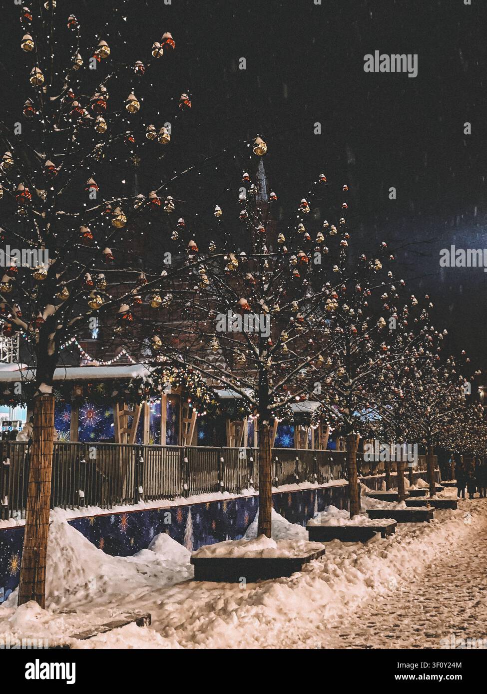 Moskau, Russland - 22. Januar 2022: Schneebedeckte festliche Bäume entlang eines beleuchteten Weihnachtsmarktes in der Winternacht Stockfoto