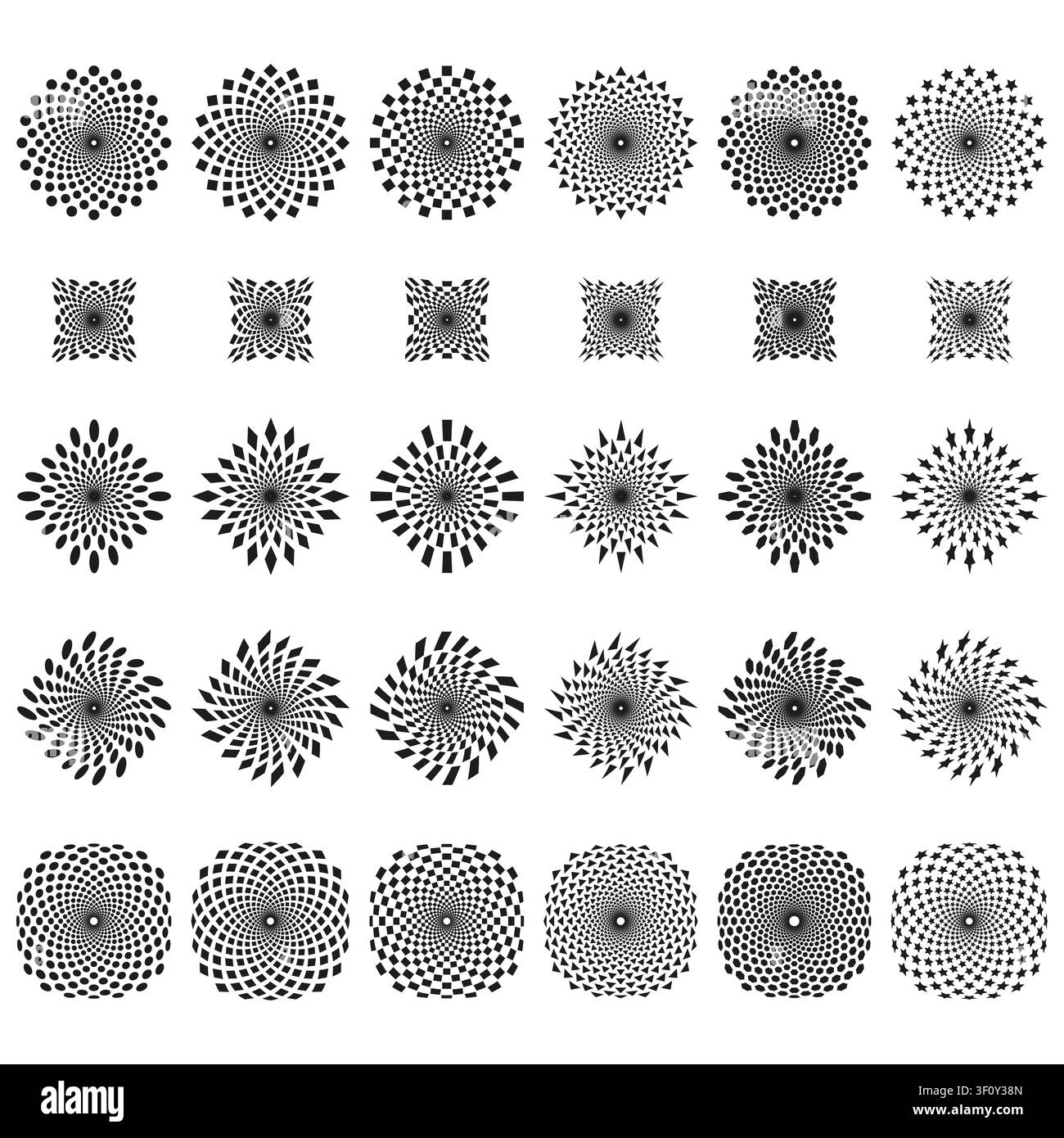 Gepunktete spiralförmige Sternenmerkmal schwarze Vektorsammlung. Dieses abstrakte geometrische Mandala betont hypnotische Kunsthintergründe. Stock Vektor