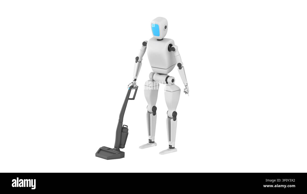 Humanoider Roboter mit einem Staubsauger, 3D-Rendering Stockfoto