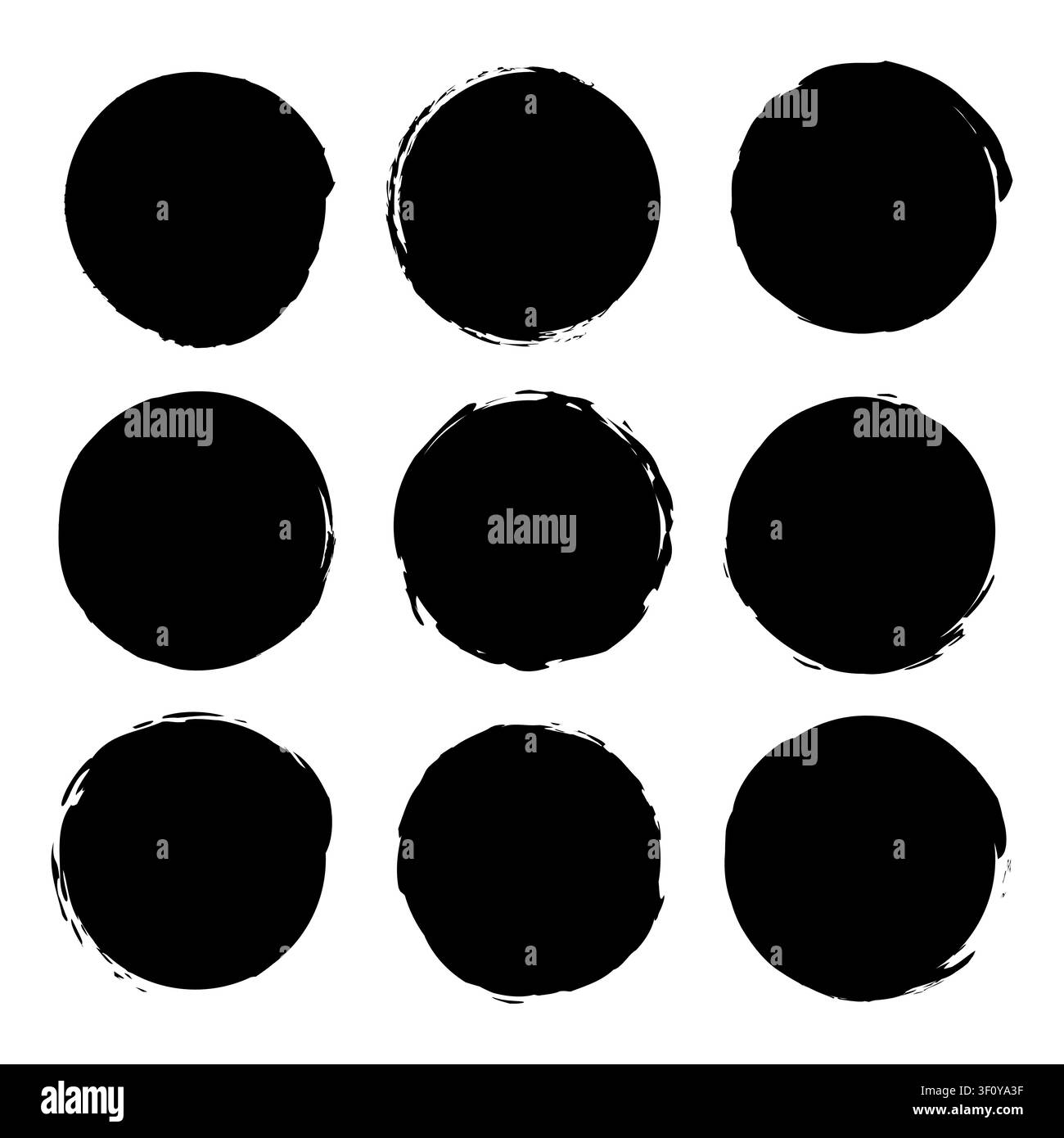Kreisförmige Grunge-Pinselstrich-Sammlung schwarze Vektorform zeigt Maltexturen. Die abgenutzte Geometrie-Auswahl verbessert künstlerische Hintergründe. Stock Vektor