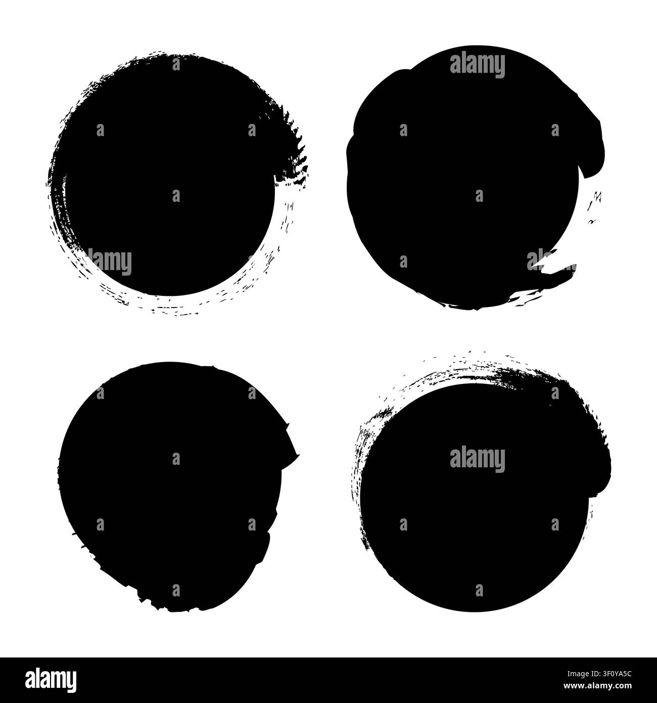 Kreisförmige Grunge-Flecken-Set schwarze Vektorform mit rauen Texturen. Die Tintenfleck-Sammlung visualisiert künstlerische Tropfen. Stock Vektor