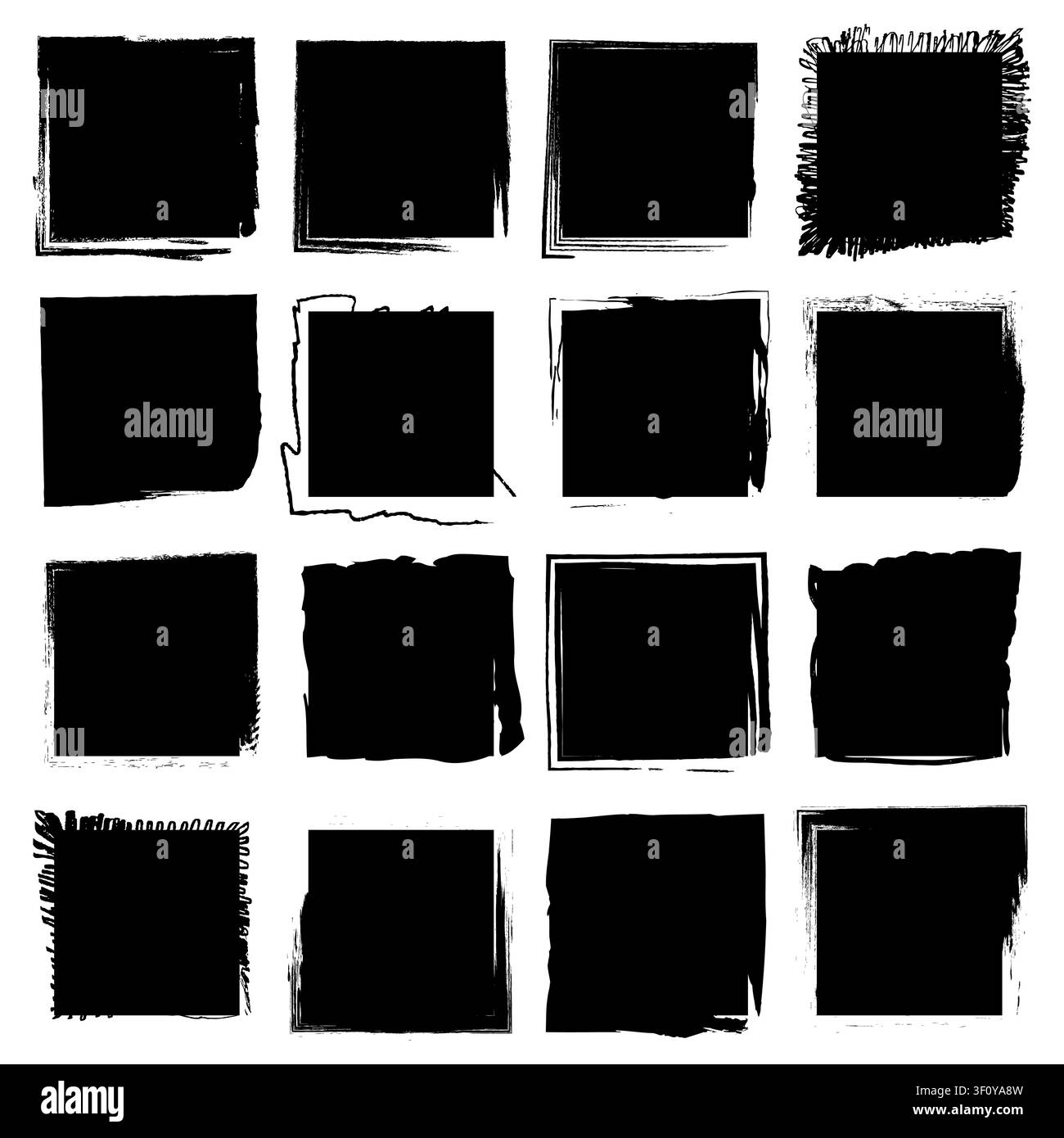 Quadratischer Grunge-Pinselstrich-Satz, schwarzes Vektorelement zeigt raue Farbe. Die abgenutzte Geometrie repräsentiert moderne Texturen. Stock Vektor