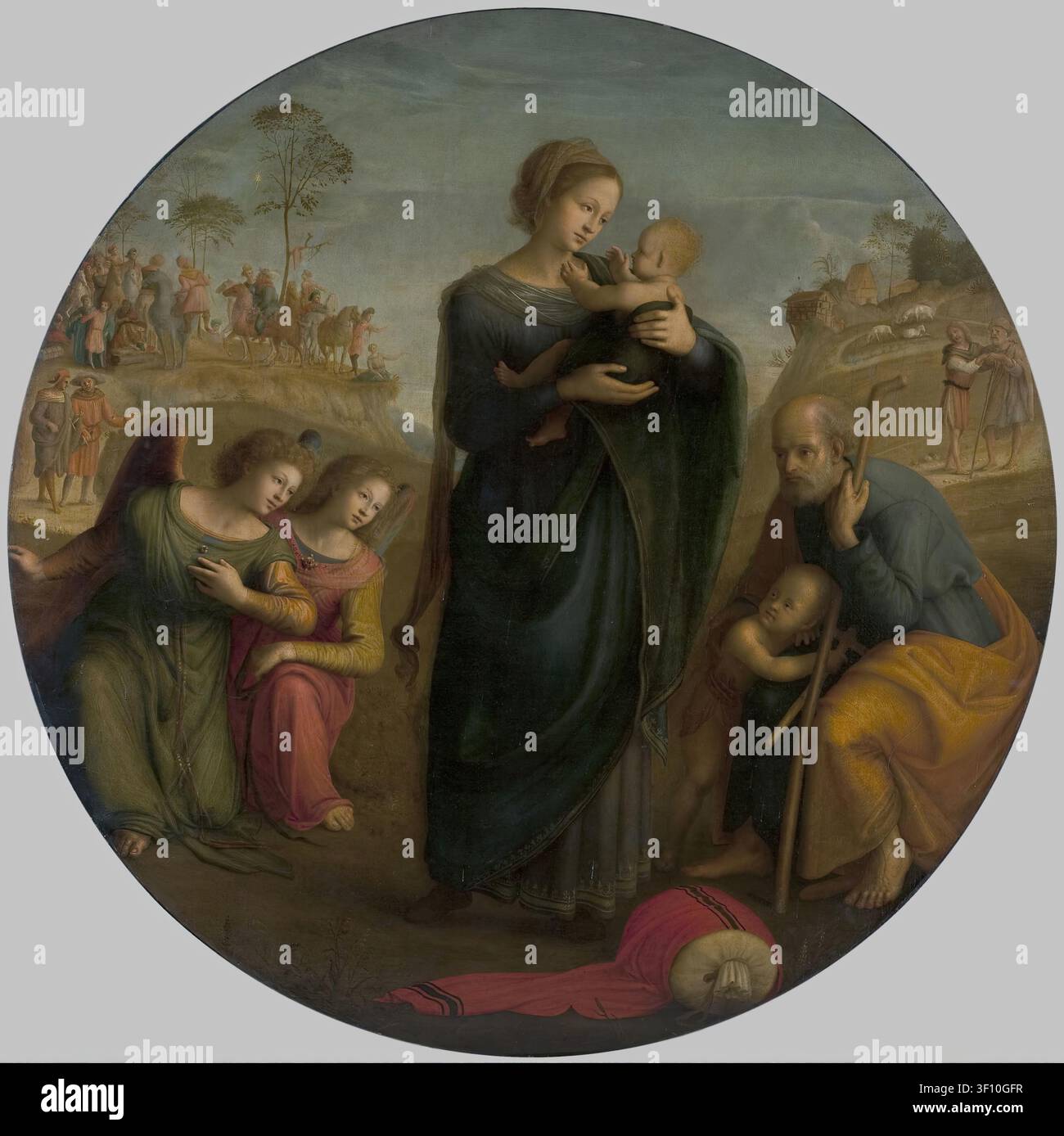 Heilige Familie mit Engeln, 1520. Stockfoto
