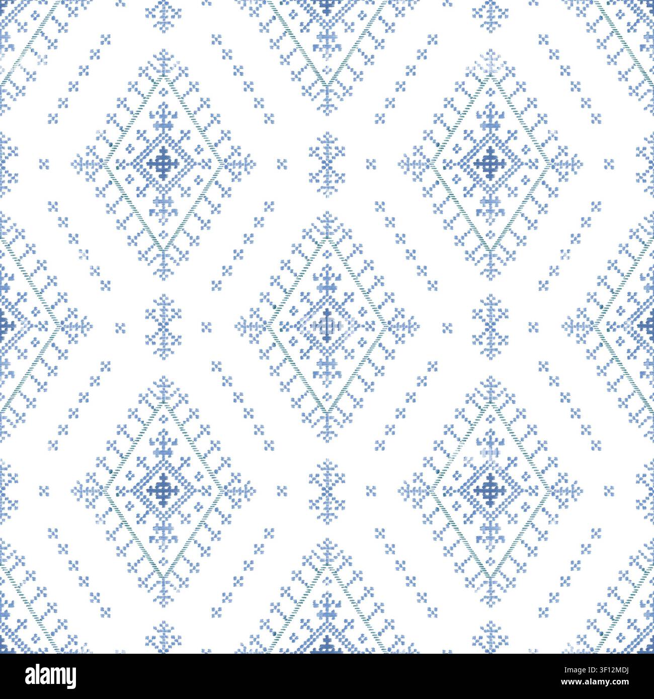 Blaues geometrisches ethnisches Nahtloses Muster mit zarten tribalen Stickmotiven Stockfoto