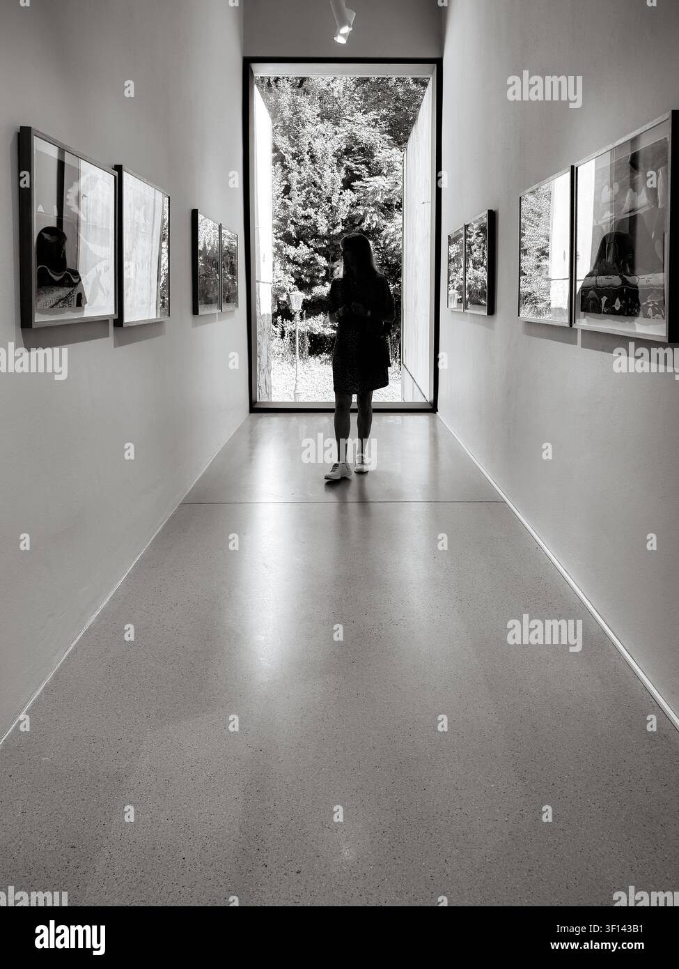 Besucher betrachtet Werke des australischen Künstlers Miles Howard-Wilks im MGLC Švicarija während der 36. Ljubljaner Grafikbiennale in Ljubljana, Slowenien Stockfoto