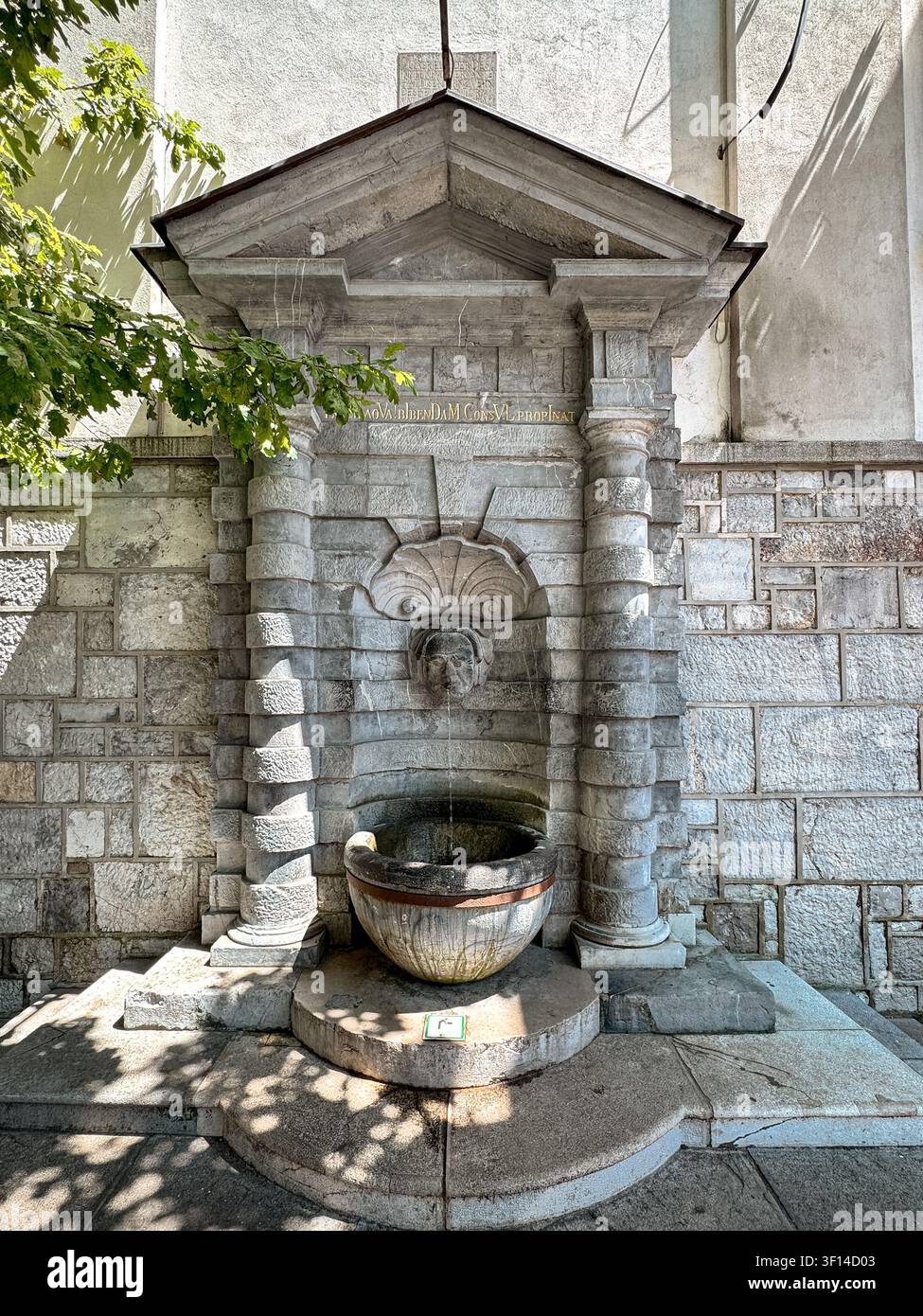 Historischer Steinmauer-Brunnen mit einem geschnitzten Maskenwasserspüler im Zentrum von Ljubljana, Slowenien. Stockfoto
