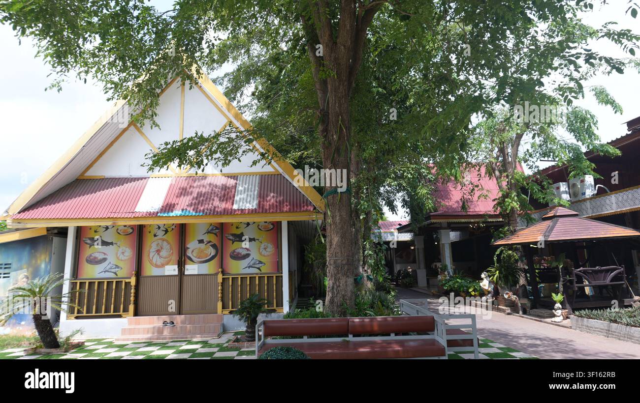 Helles thailändisches Holzhaus mit dreieckigem Giebeldach, großer schattiger tropischer Baum, Resortstraße Stockfoto