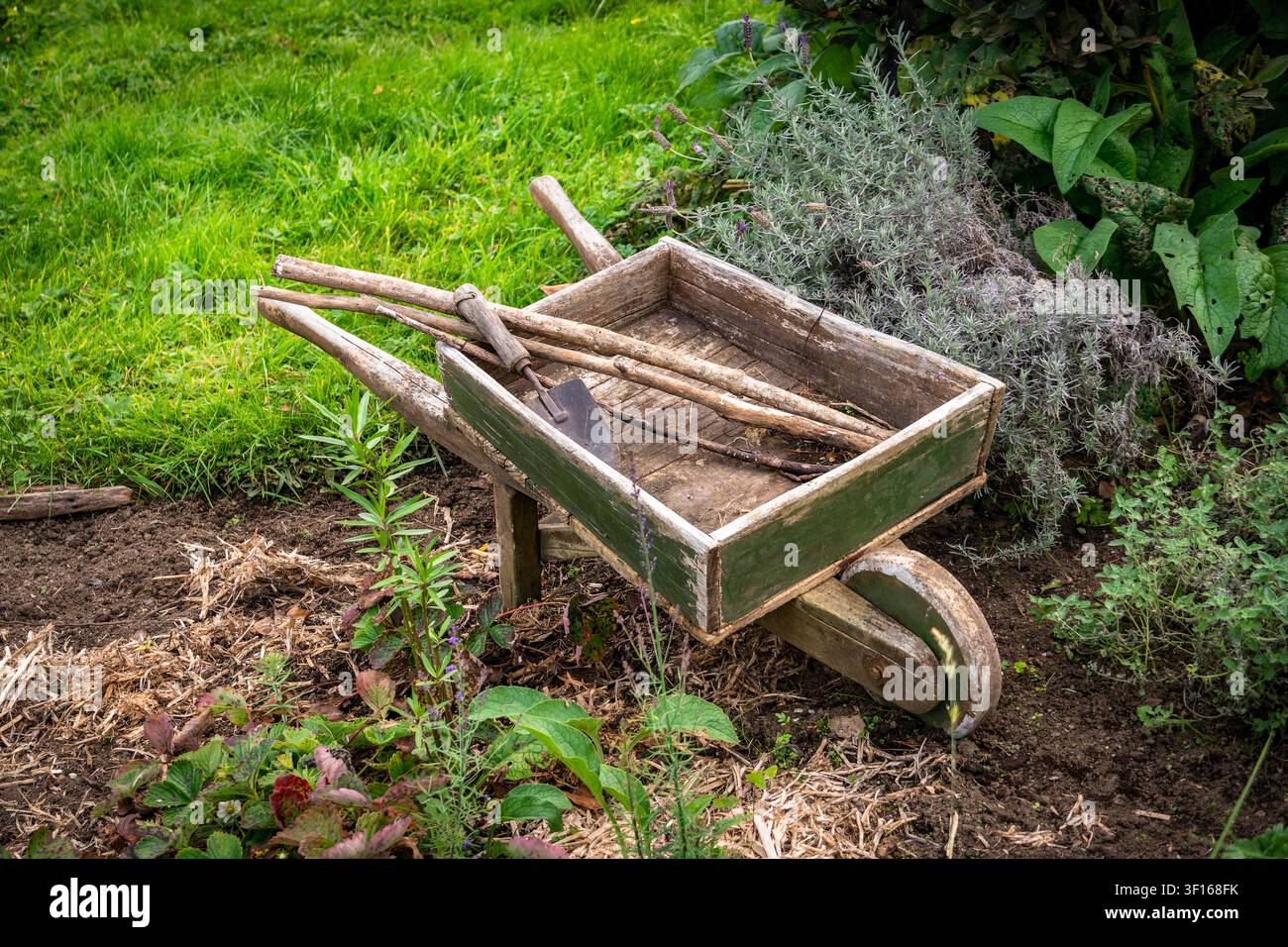 Eine antike, rustikale Holzschubkarre gefüllt mit traditionellen Handwerkzeugen ruht auf einem üppigen Gartenstück am berühmten Hobbiton-Filmset. Stockfoto