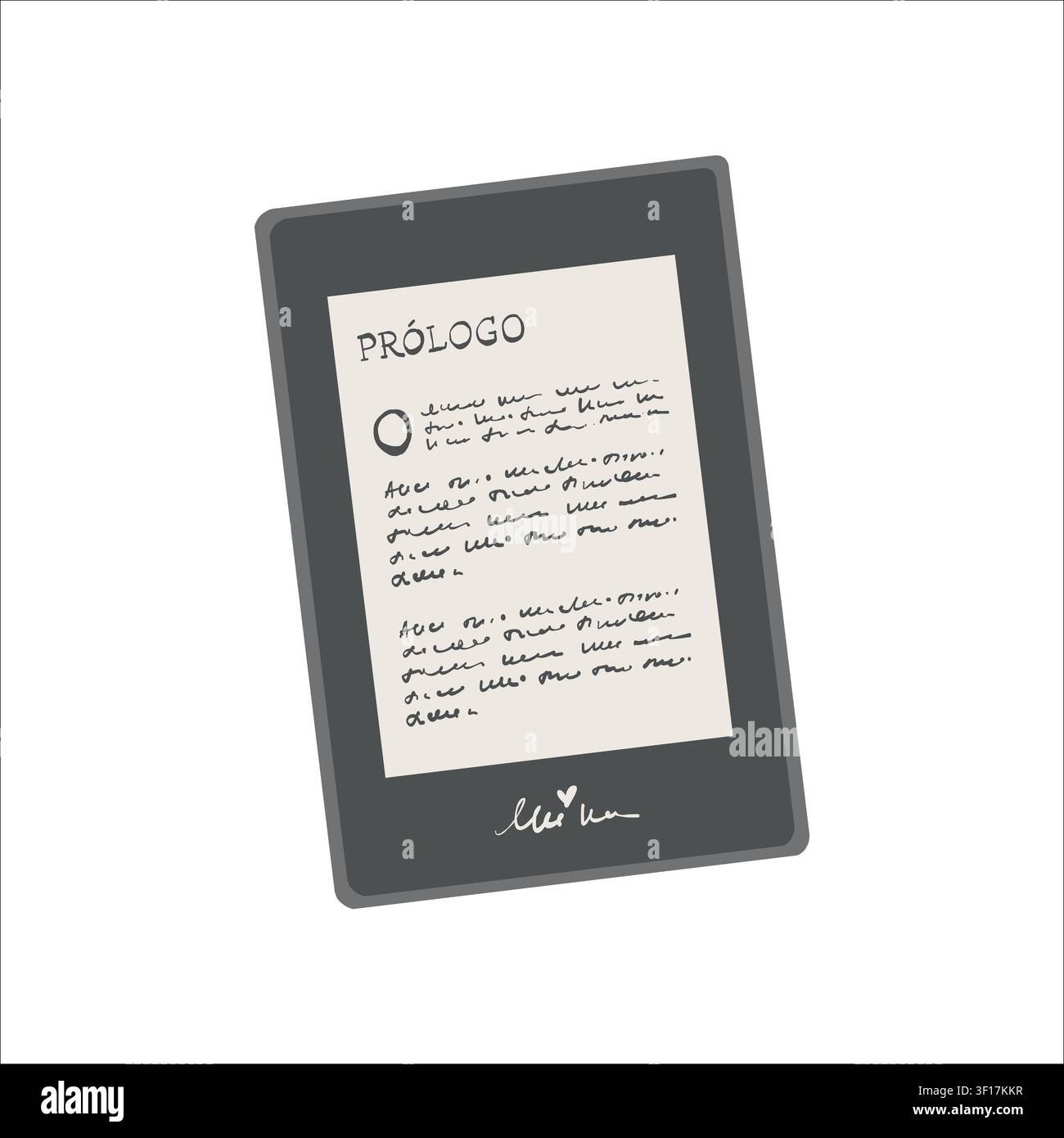 Vektorillustration eines elektronischen E-Book-Readers mit flacher Cartoon-Schnittstelle, digitalem Bibliotheksbildschirm. Handgezeichnetes Clipart. Moderne Technologie für Bildung, Lernen, Online-Lesepattformen. Stock Vektor