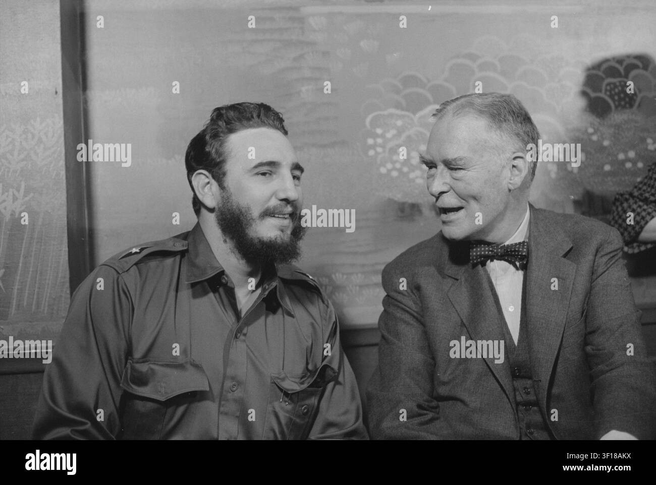 Der kubanische Premierminister Fidel Castro sitzt mit dem US-Außenminister Christian Herter im Statler Hotel in New York City Stockfoto