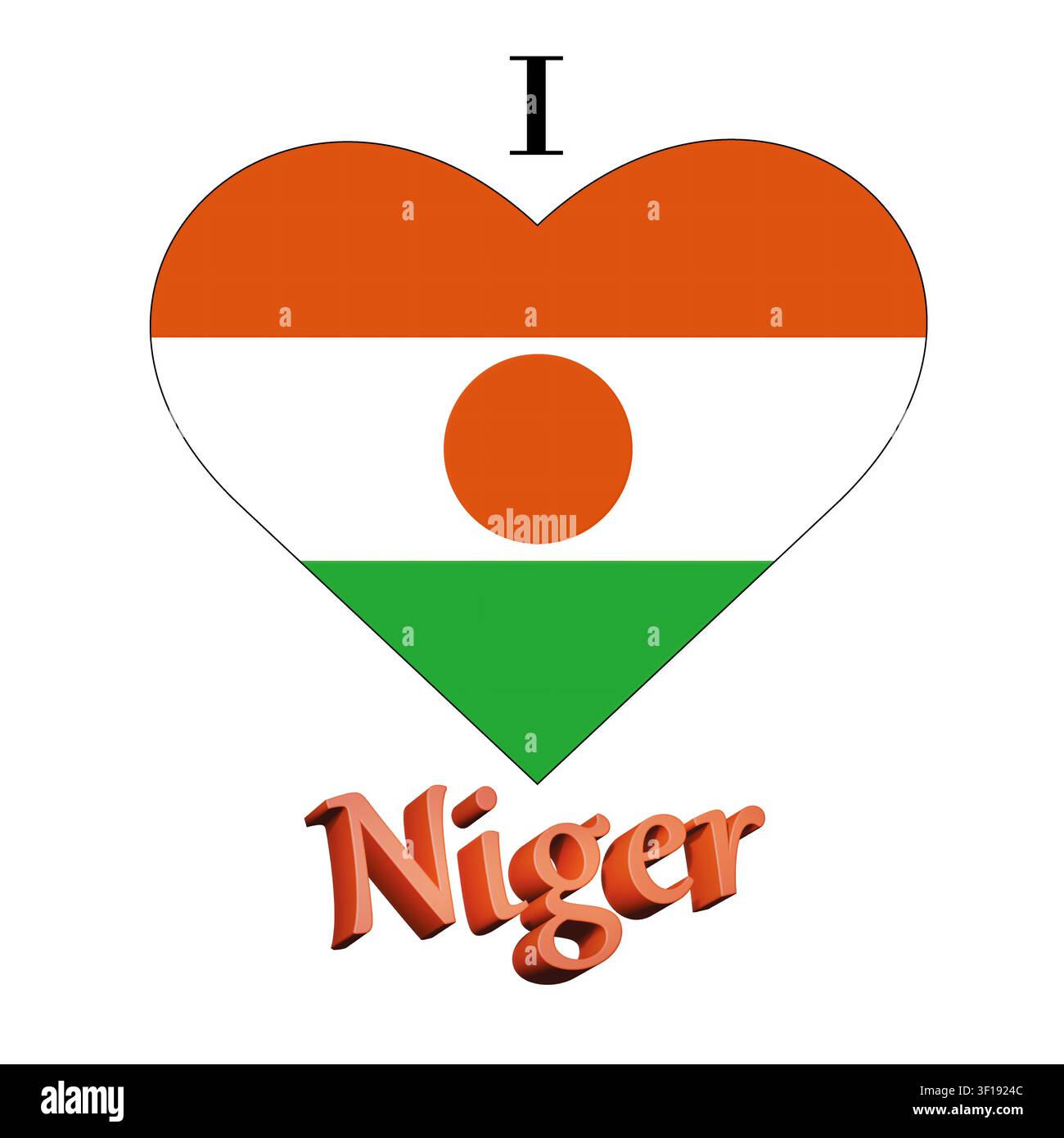 Illustration von I Love Niger mit einem herzförmigen Schild mit einer Flagge auf weißem Hintergrund Stockfoto