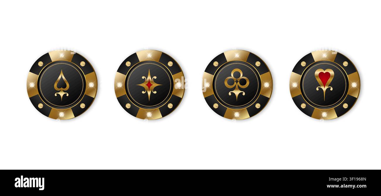 Goldene Casinchips mit Spielkartensymbolen und Edelsteinen. Luxuriöses goldenes Pokerchip-Design-Set. Vektorillustration Stock Vektor
