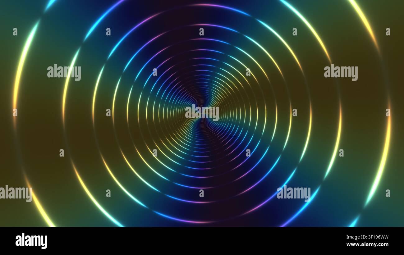 Dieses Design zeigt konzentrische Kreise in lebhaften Farben vor einem dunklen Hintergrund, die eine Illusion von Tiefe und Dimension erzeugen. Die Farben variieren Stockfoto