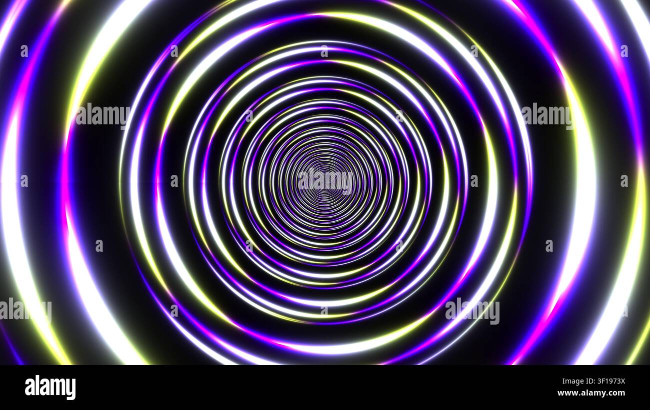Das Design zeigt ein lebendiges Spiralmuster aus konzentrischen Kreisen mit Lichteffekten in Lila und Weiß. Der Hintergrund ist dunkel, was die Stockfoto