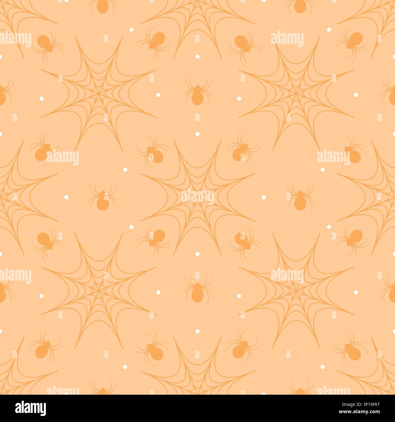 Niedliches nahtloses Muster auf pastellorangem Hintergrund mit dunkelorangen Spinnen und Spinnennetzen. Minimalistischer gruselig-niedlicher sich wiederholender Hintergrund im Kawaii-Stil Stock Vektor
