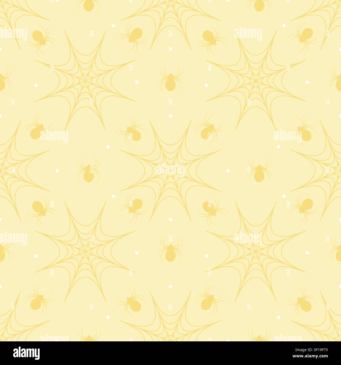Niedliches nahtloses Muster auf pastellgelbem Hintergrund mit dunkelgelben Spinnen und Spinnennetzen. Minimalistischer gruselig-niedlicher wiederholender Hintergrund im Kawaii-Stil Stock Vektor