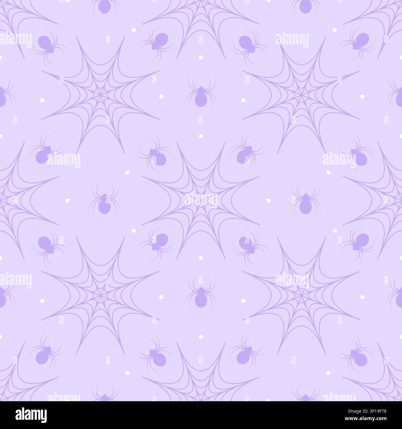 Niedliches nahtloses Muster eines pastellvioletten Hintergrunds mit dunkelvioletten Spinnen und Spinnennetzen. Minimalistischer gruselig-niedlicher, sich wiederholender Hintergrund im Kawaii-Stil Stock Vektor