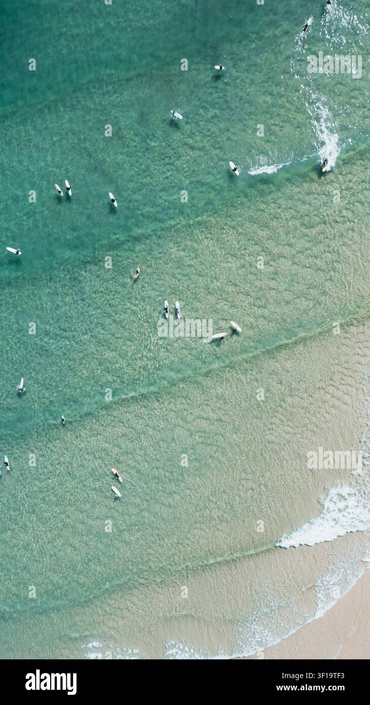 Luftbild-Drohnenaufnahme von Surfern, die das klare Wasser vor Noosa Heads, Queensland, Australien, genießen. Stockfoto