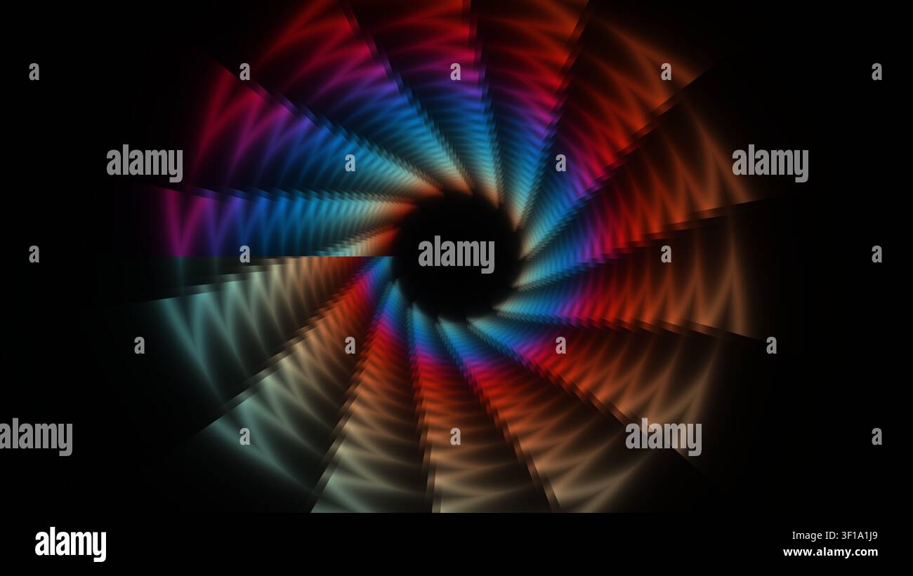 Dieses Design zeigt eine spiralförmige Gestalt mit lebendigen Farben, die sich gegen einen dunklen Hintergrund ausbreiten. Die Farben vermischen sich in Wellen und erzeugen einen Blickfang Stockfoto