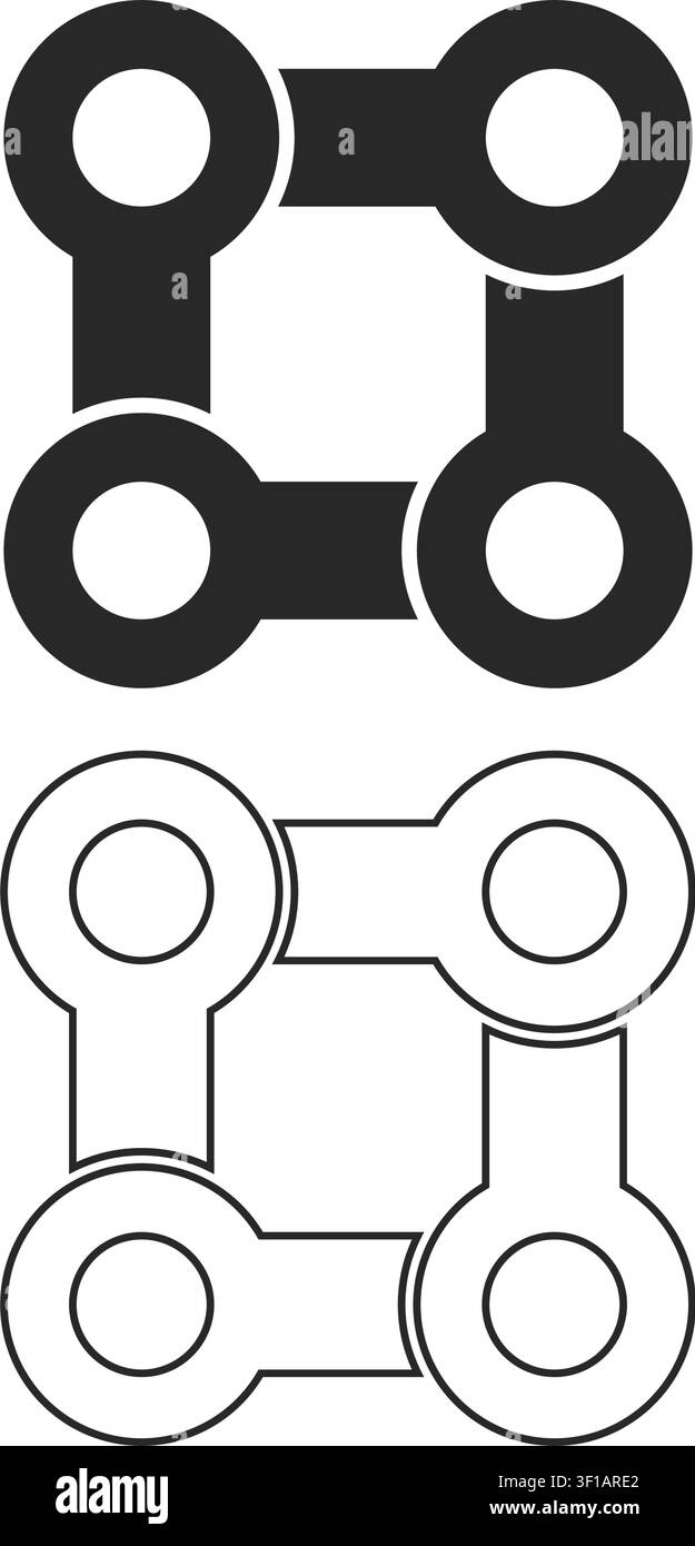 Eine minimalistische Grafik aus vier ineinandergreifenden Kettengliedern, die in einer quadratischen Formation angeordnet sind, präsentiert sowohl im soliden schwarzen als auch im Umrissstil. Stock Vektor
