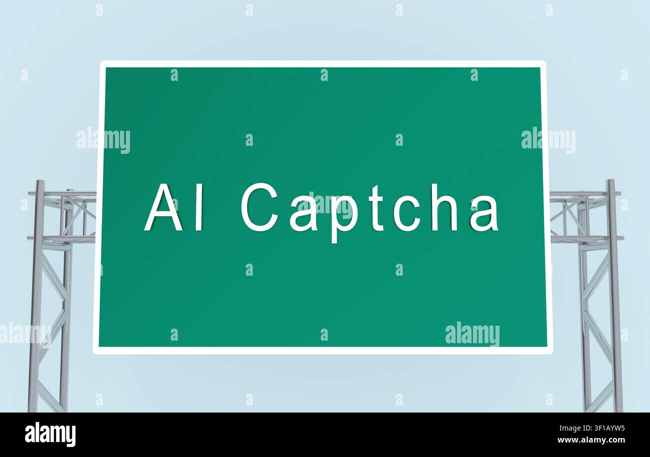 3D-Illustration von „AI Captcha“-Schrift auf einem Straßenschild. Stockfoto