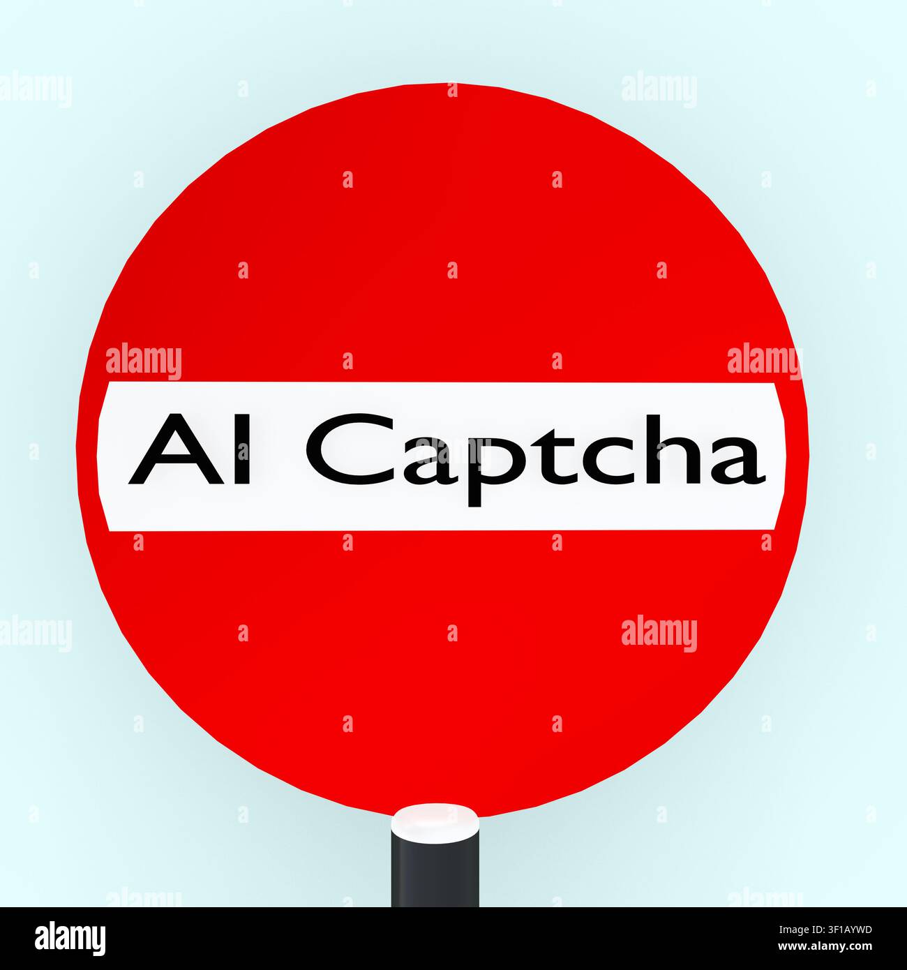 3D-Illustration eines symbolischen Straßenschilds mit dem Titel „AI Captcha“ Stockfoto