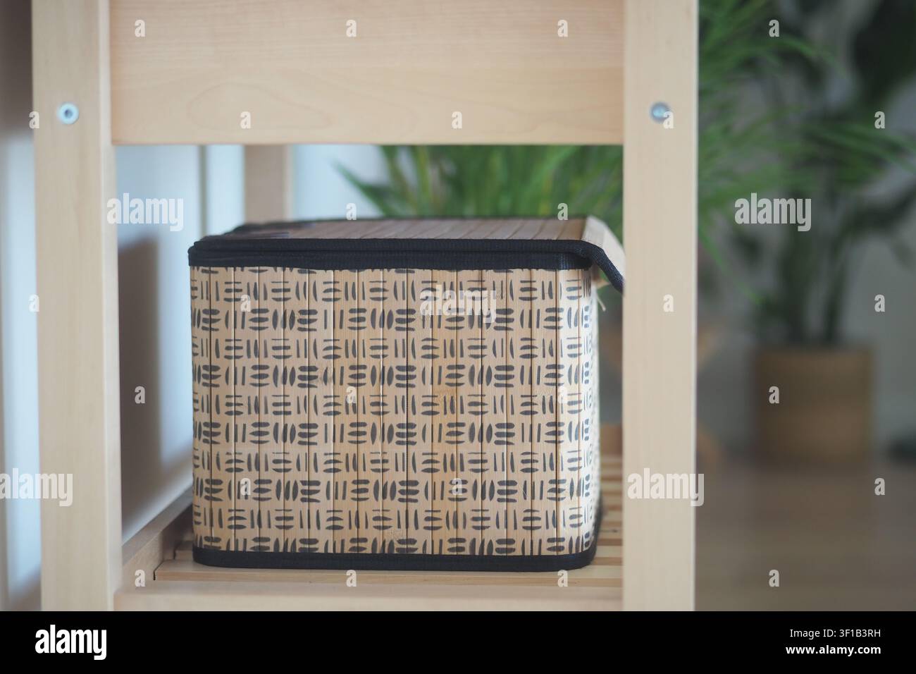 Stilvolle Aufbewahrungsbox auf Holzregal im Wohnraum platziert Stockfoto