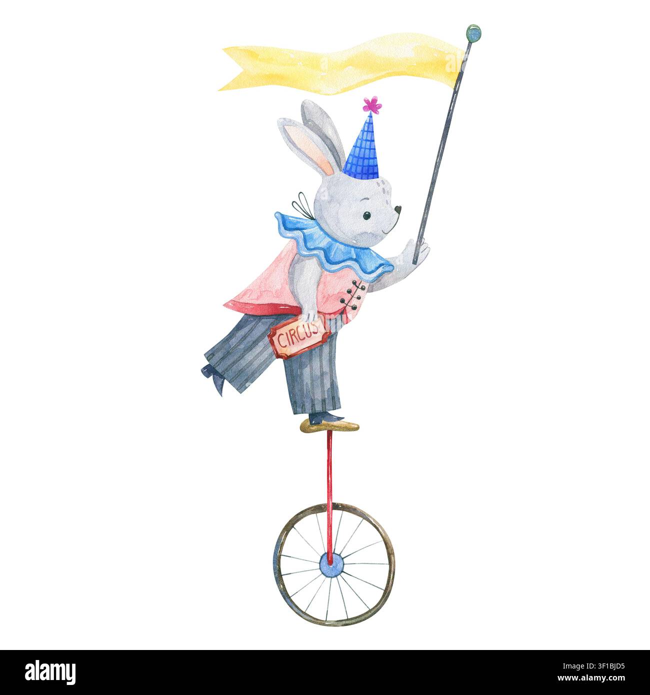 Ein dynamischer, handgezeichneter Aquarell-ClipArt mit einem mutigen Kaninchen, das als Zirkuskünstler verkleidet ist und auf einem Einrad balanciert, während es ein helles Gelb hält Stockfoto