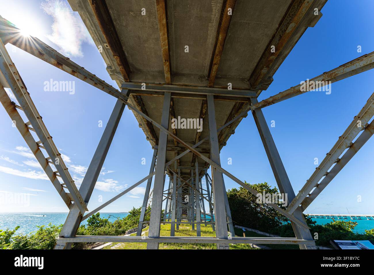 Symmetrische Ansicht von unter der historischen Old Seven Mile Bridge in den Florida Keys, USA, zeigt Stahlstützkonstruktion mit türkisem Ozean Stockfoto