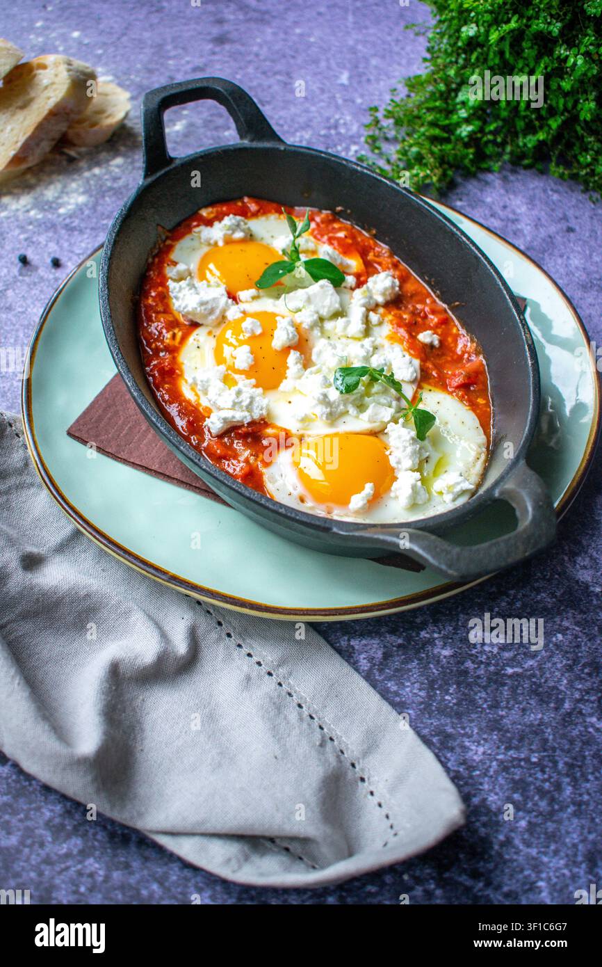 Traditionelle Shakshuka mit gebackenen Eiern, serviert in einer Gusseisenpfanne Stockfoto