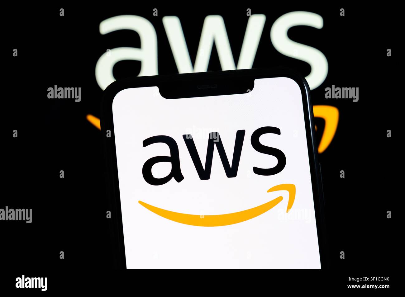 Paris, Frankreich - 12. Juli 2026: Das AWS Amazon Web Services-Logo auf einem dunklen Handydisplay. Stockfoto