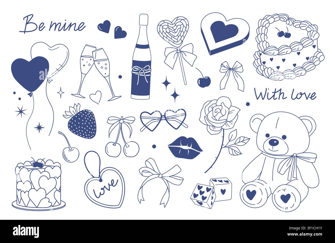 Coquette Valentinstag. Kirsch- oder Erdbeerkuchen, Herz und Teddybär mit Schleife, blaue Lutscher, Liebesfeier, niedliche dekorative Designelemente. Handgezeichnete Linien-Geschenke. Vektor-monochromes Template Stock Vektor