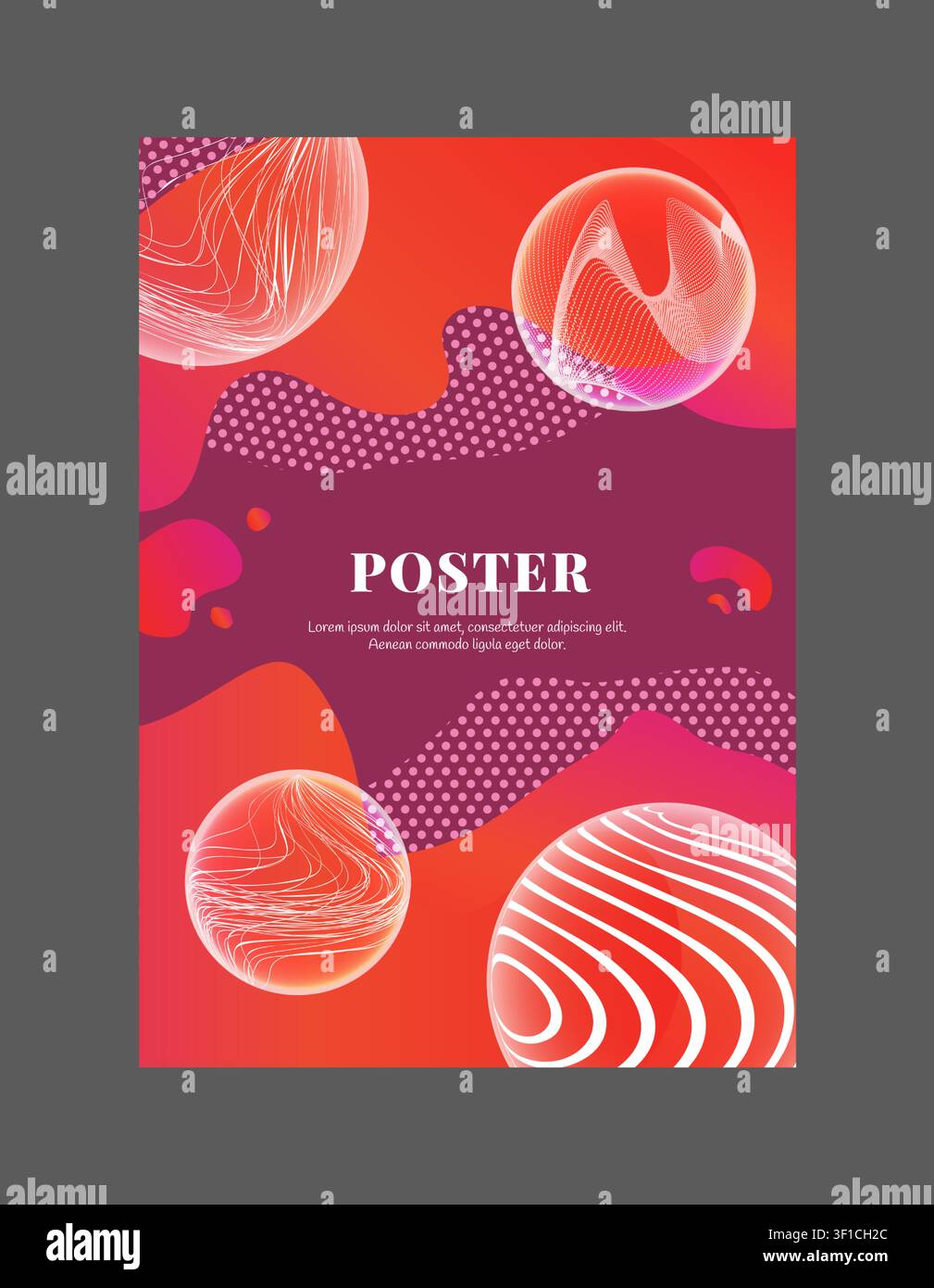 Abstraktes Postervorlage. Farbiger Farbverlaufshintergrund mit fließenden Formen und gepunkteten Texturen, 3D-Kugeln mit Platz für Text für moderne Werbegrafik und Grafikdesign-Hintergrund. Vektorillustration Stock Vektor